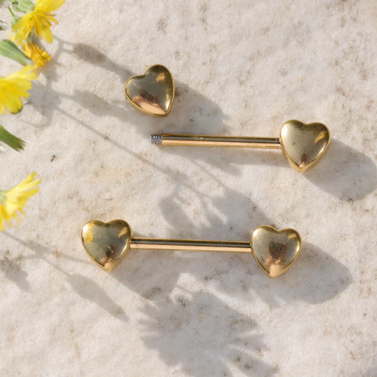 14G Pair of 316L Steel Heart Nipple Barbells/ Gold Nipple Ring/ Steel Nipple Ring/ Nipple Jewelry/ Straight Barbell 1.6*14mm Silver Gold Miss Vivi Jewelry