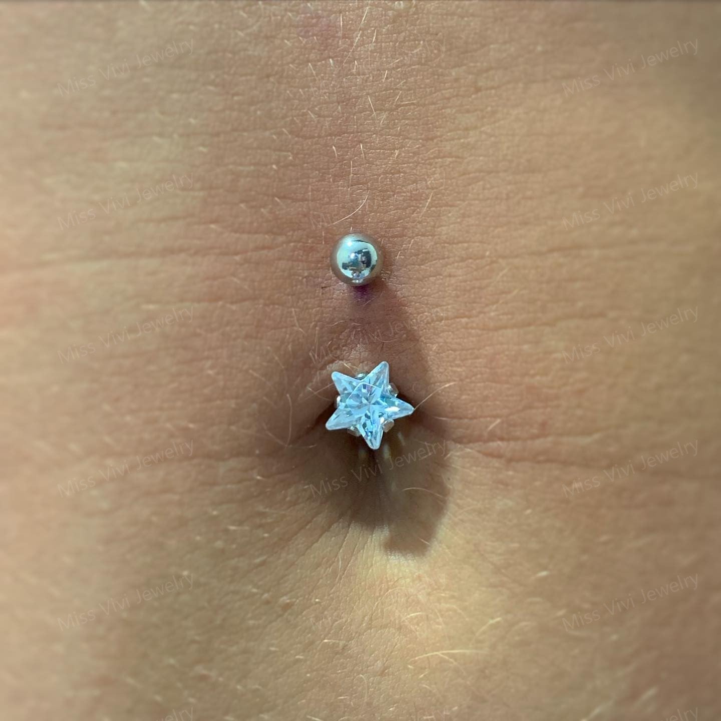 14G Sterling Silver Star CZ Belly Button Ring| Waterproof Belly Bar| Never Getting Green Belly Ring| Fresh piercing navel jewelry 1.6*8/10mm Miss Vivi Jewelry