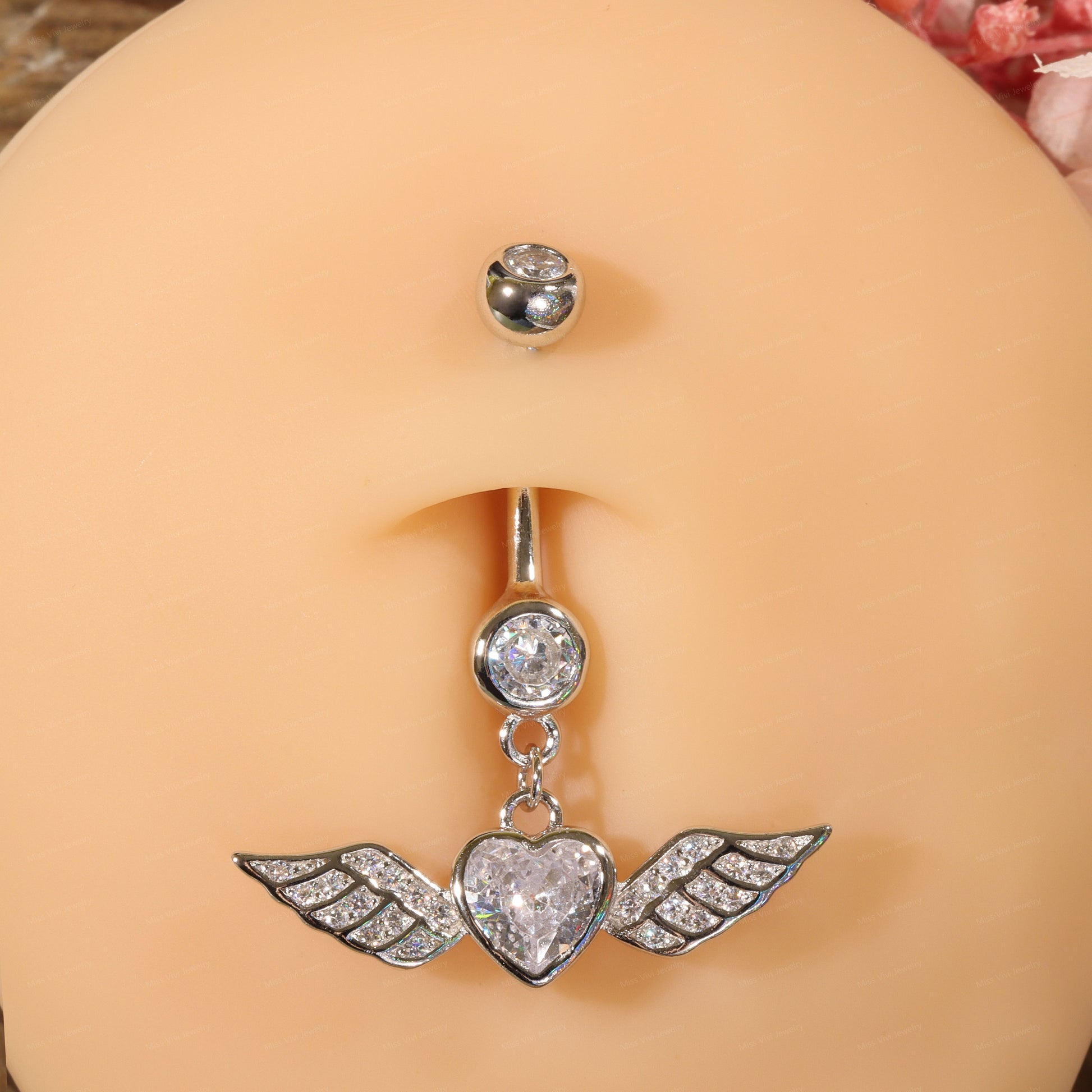 14G Sterling Silver Angel Wing Belly Rings| Hypoallergenic Belly Button Ring| Waterproof Belly Bar| Never Tarnish Navel Ring|6/8/10/12mm bar Miss Vivi Jewelry