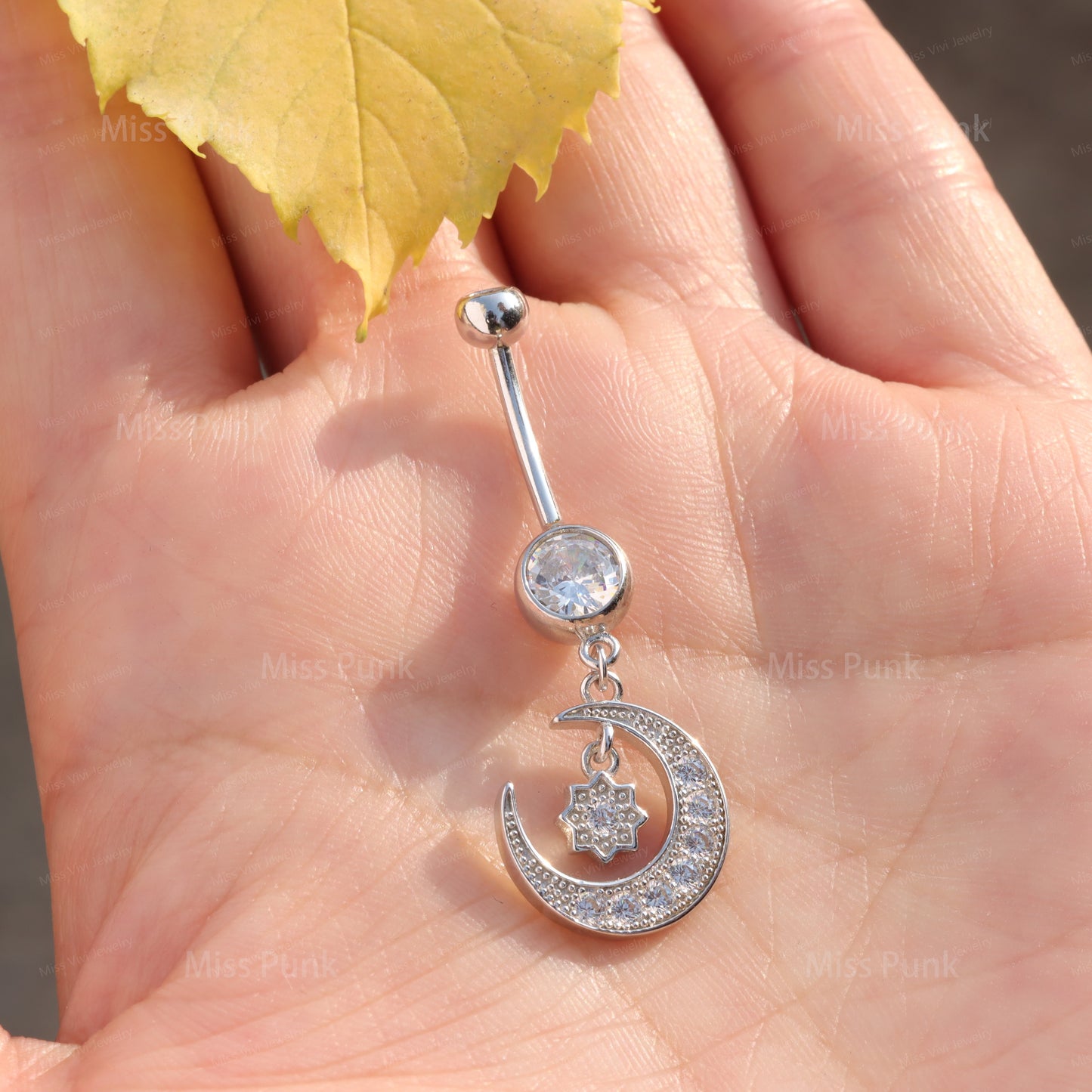 14G Sterling Silver Moon Dangle CZ Belly Button Ring| Waterproof Belly Bar| Never Getting Green Belly Piercing| Fresh Piercing Navel Jewelry Miss Vivi Jewelry