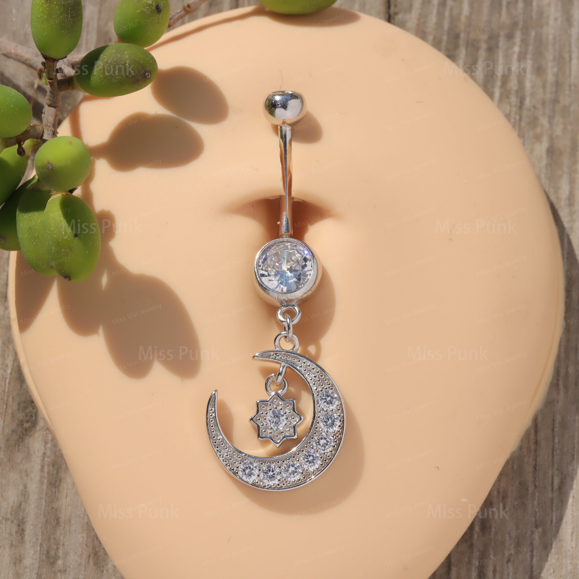 14G Sterling Silver Moon Dangle CZ Belly Button Ring| Waterproof Belly Bar| Never Getting Green Belly Piercing| Fresh Piercing Navel Jewelry Miss Vivi Jewelry