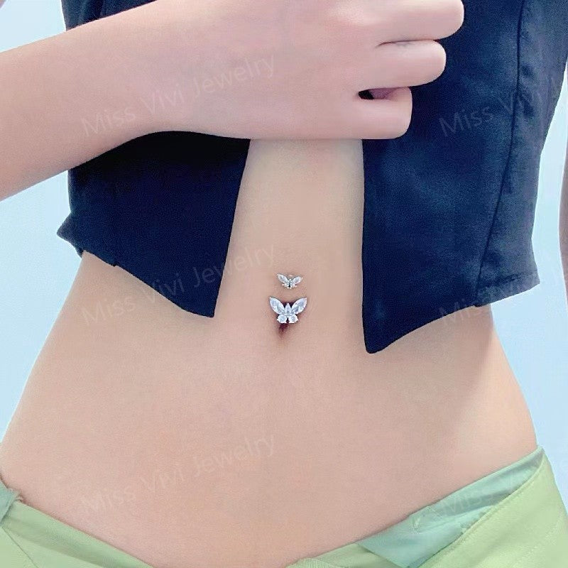 14G Sterling Silver Butterfly Belly Button Ring| Solid Silver Navel Button Jewelry|CZ Belly Barbell|Sterling Belly Piercing1.6*8mm/10mm/12mm Miss Vivi Jewelry