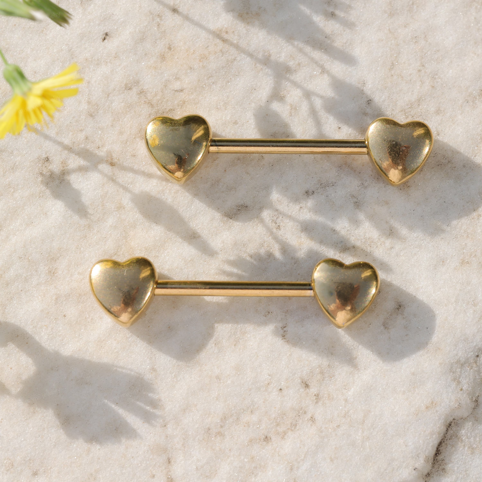 14G Pair of 316L Steel Heart Nipple Barbells/ Gold Nipple Ring/ Steel Nipple Ring/ Nipple Jewelry/ Straight Barbell 1.6*14mm Silver Gold Miss Vivi Jewelry