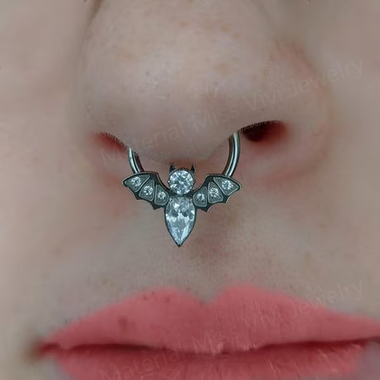 16G ASTM F136 Titanium CZ Bat Hinged Septum Ring/ Titanium Bat Septum 10mm/ Septum Hoop Silver/ Daith Clicker Hoop/ Daith Jewelry/ Halloween Miss Vivi Jewelry