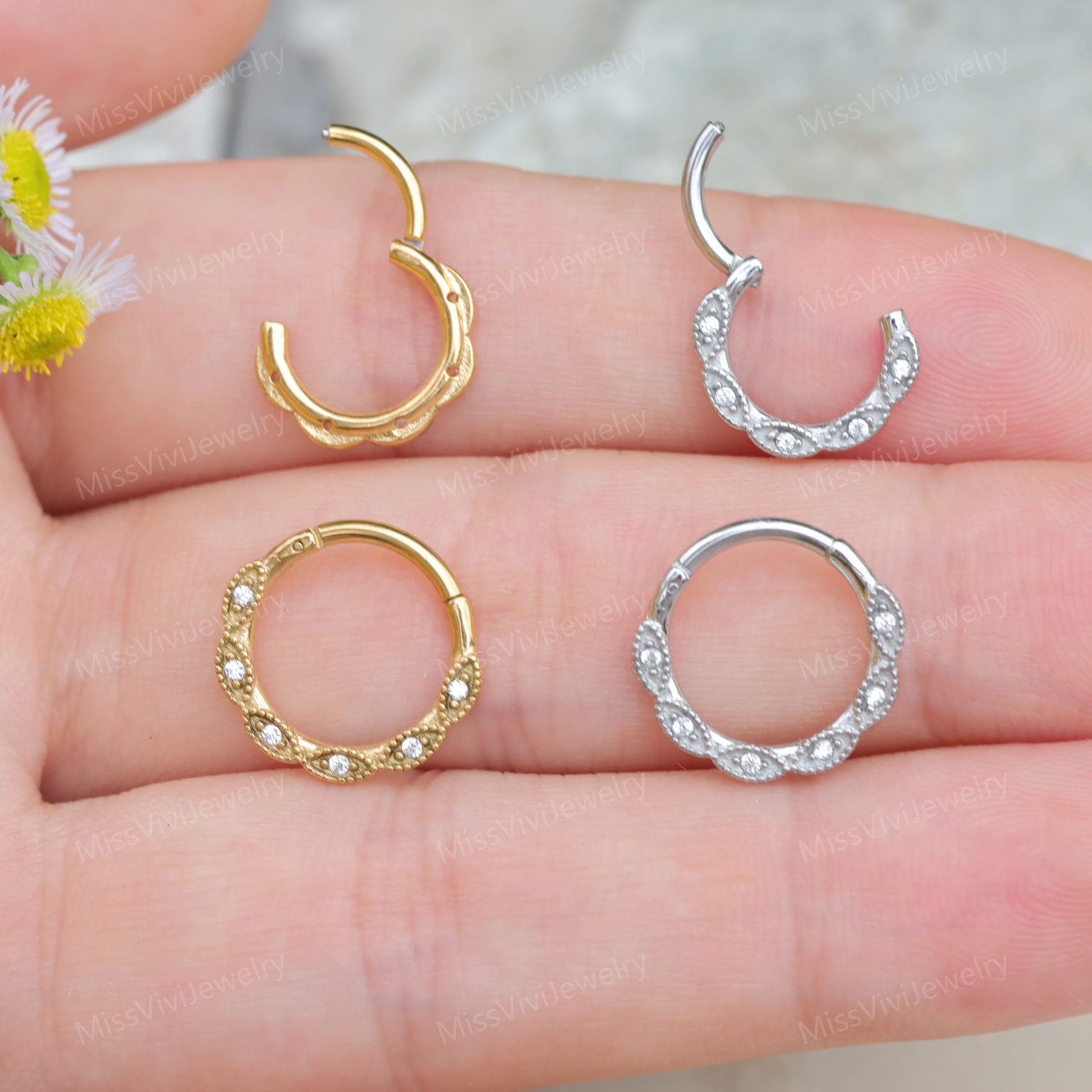 16G 316L Steel Flower Daith Earring Hoop/ Daith Hoop Clicker/ Steel Daith Hoop/Handmade Gift for her/ Flower Earring 1.2*8/10mm Silver Gold Miss Vivi Jewelry