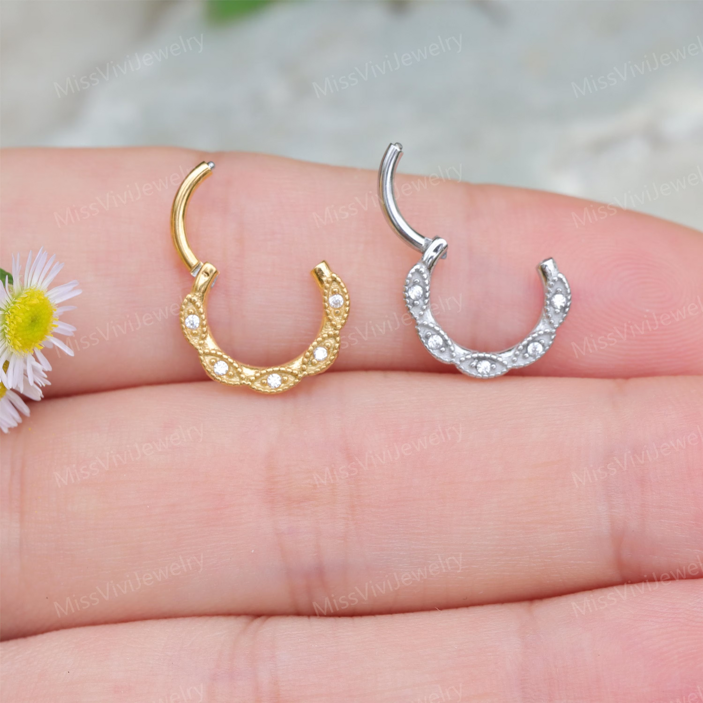 16G 316L Steel Flower Daith Earring Hoop/ Daith Hoop Clicker/ Steel Daith Hoop/Handmade Gift for her/ Flower Earring 1.2*8/10mm Silver Gold Miss Vivi Jewelry