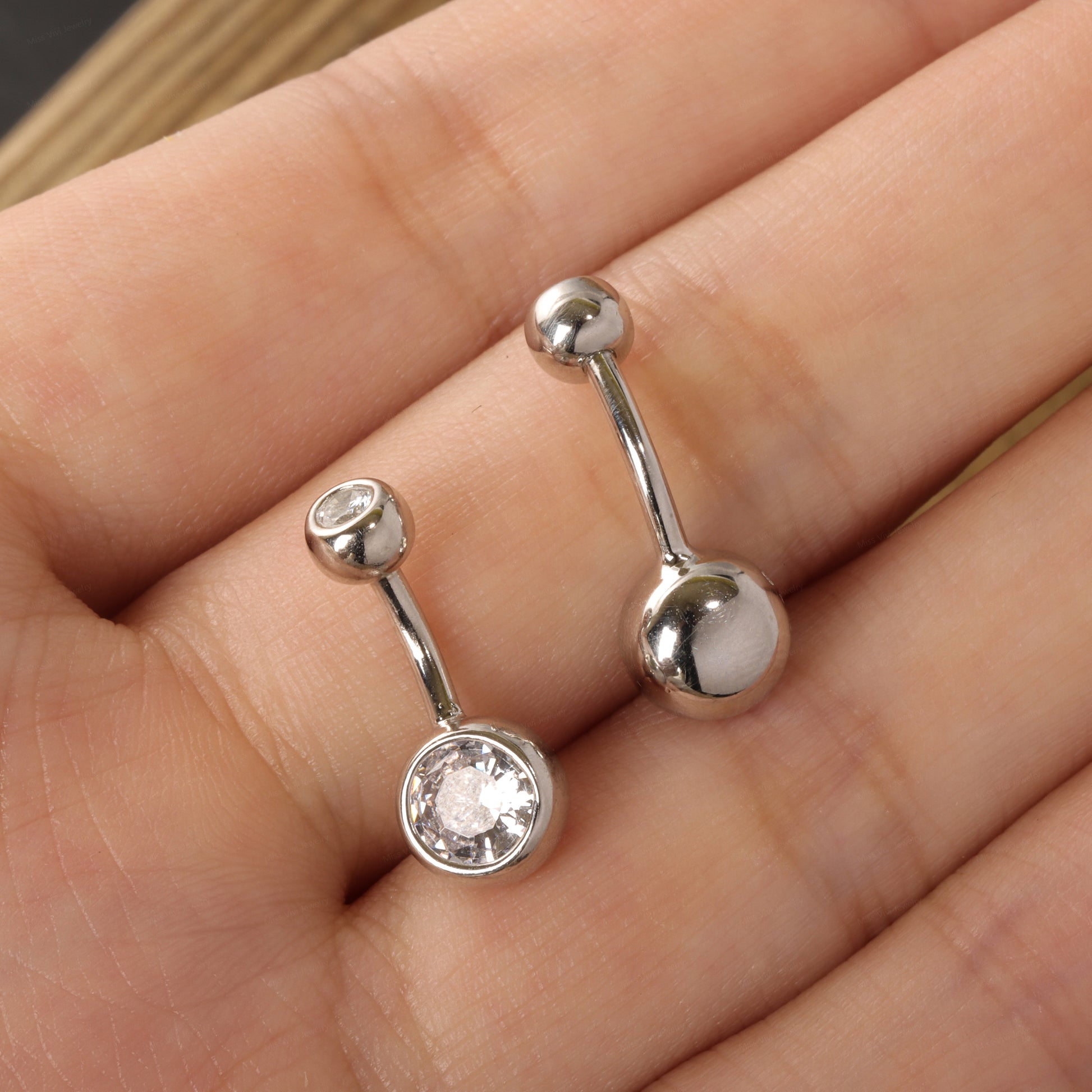 14G Sterling Silver CZ Ball Belly Button Ring|Waterproof Belly Bar|Never Getting Green Belly Ring|Fresh piercing navel jewelry 6/8/10/12mm Miss Vivi Jewelry