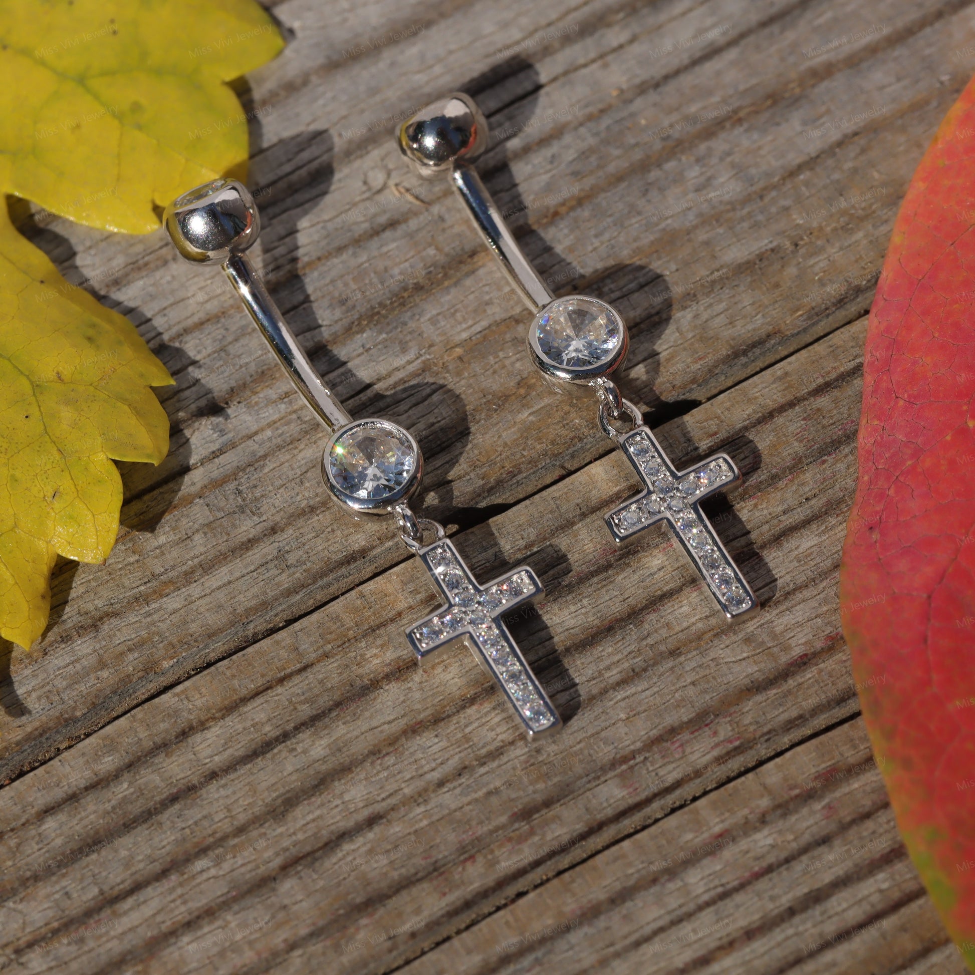 14G S925 Sterling Silver Cross Dangel Belly Ring| Silver Belly Button Ring| Navel Piercing Jewelry| Waterproof belly barbell| Never Tarnish Miss Vivi Jewelry