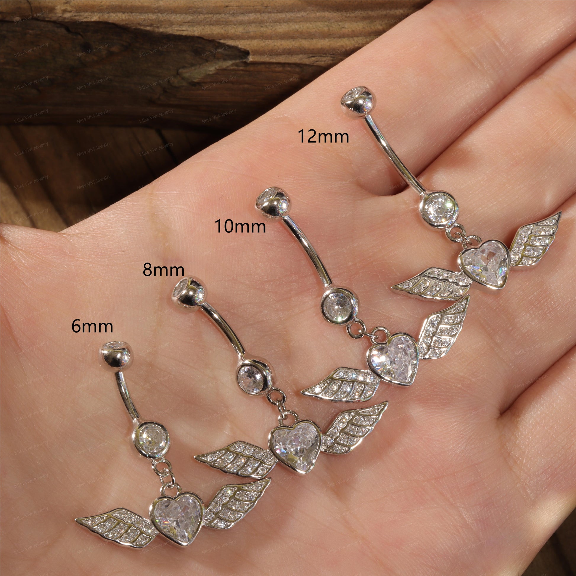 14G Sterling Silver Angel Wing Belly Rings| Hypoallergenic Belly Button Ring| Waterproof Belly Bar| Never Tarnish Navel Ring|6/8/10/12mm bar Miss Vivi Jewelry