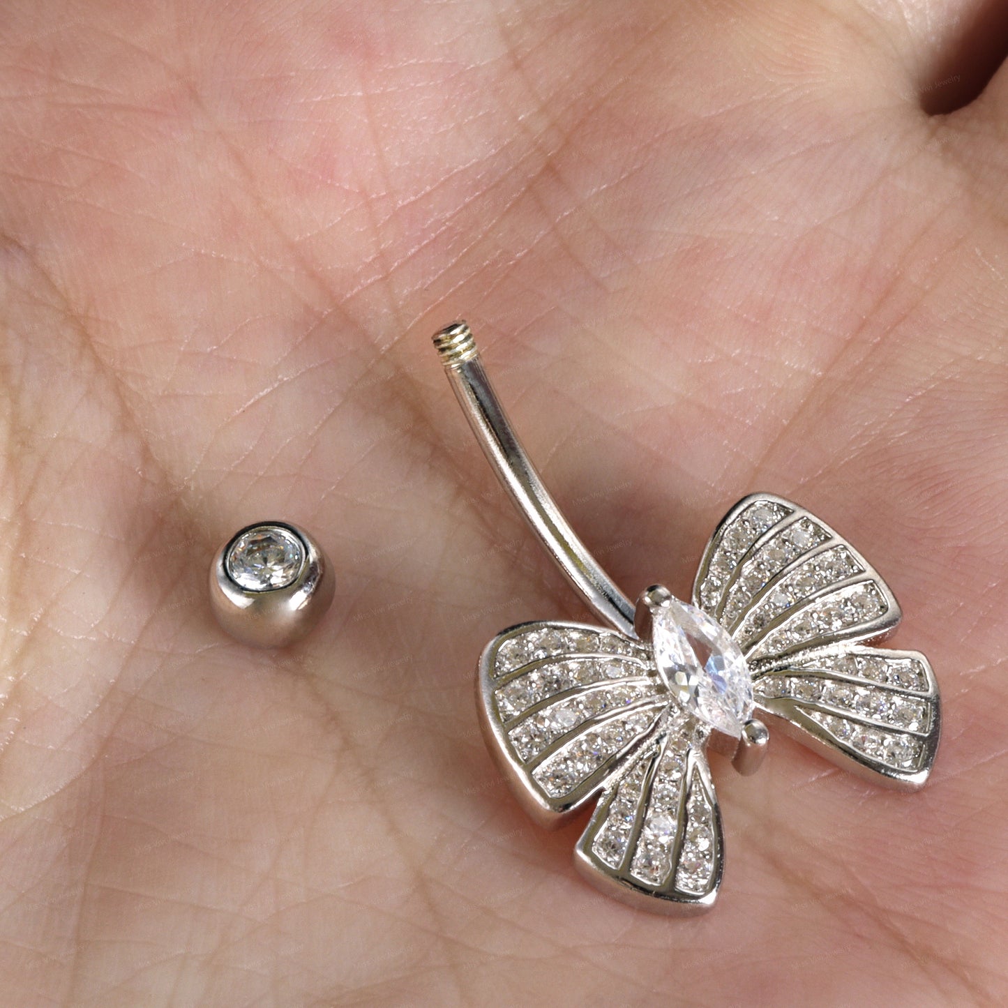 14G Sterling Silver Moth Belly Button Ring|Waterproof Belly Bar|Never Getting Green Belly Ring|Fresh piercing navel jewelry 6/8/10/12mm Miss Vivi Jewelry