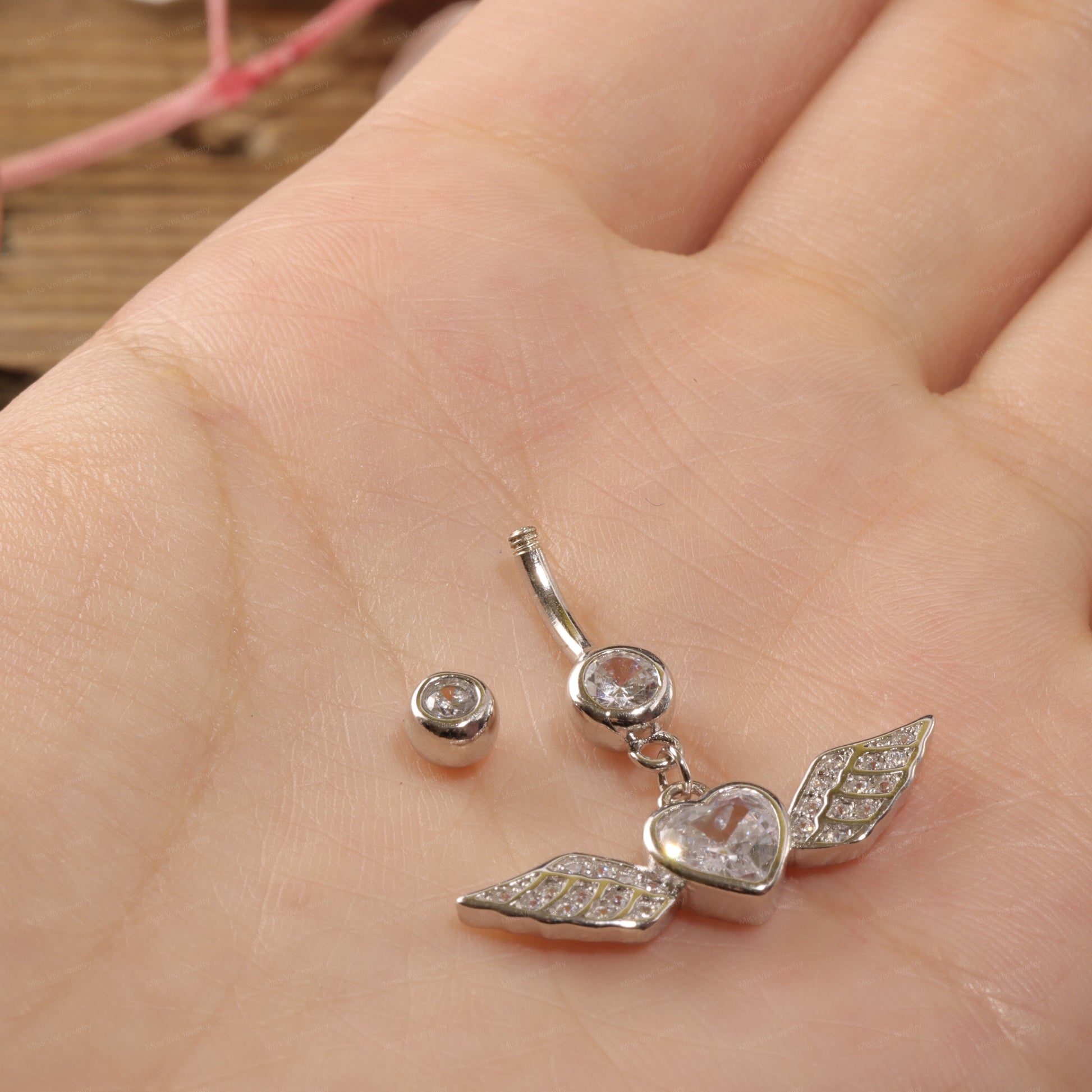 14G Sterling Silver Angel Wing Belly Rings| Hypoallergenic Belly Button Ring| Waterproof Belly Bar| Never Tarnish Navel Ring|6/8/10/12mm bar Miss Vivi Jewelry