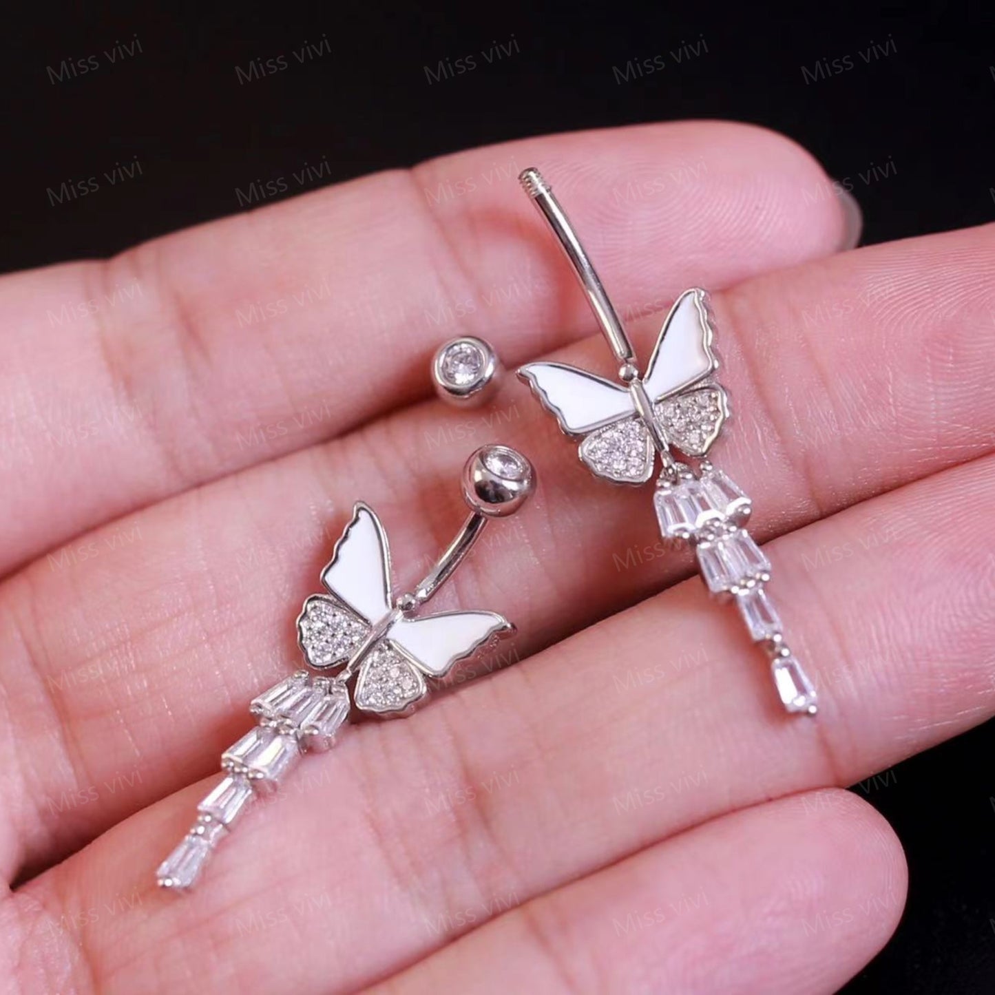 Solid S925 14G Sterling Silver Butterfly Belly Button Ring| Navel Piercing| Silver Belly Bar| Belly Jewelry| Navel Barbell 1.6*6/8/10/12mm Miss Vivi Jewelry