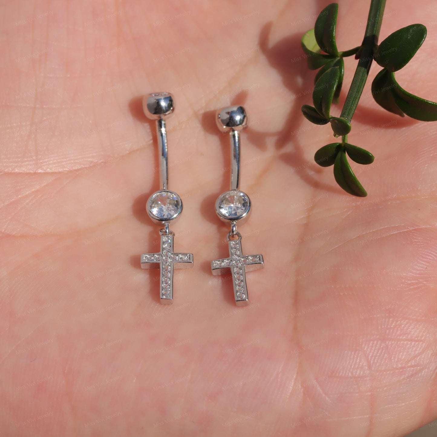 14G S925 Sterling Silver Cross Dangel Belly Ring| Silver Belly Button Ring| Navel Piercing Jewelry| Waterproof belly barbell| Never Tarnish Miss Vivi Jewelry