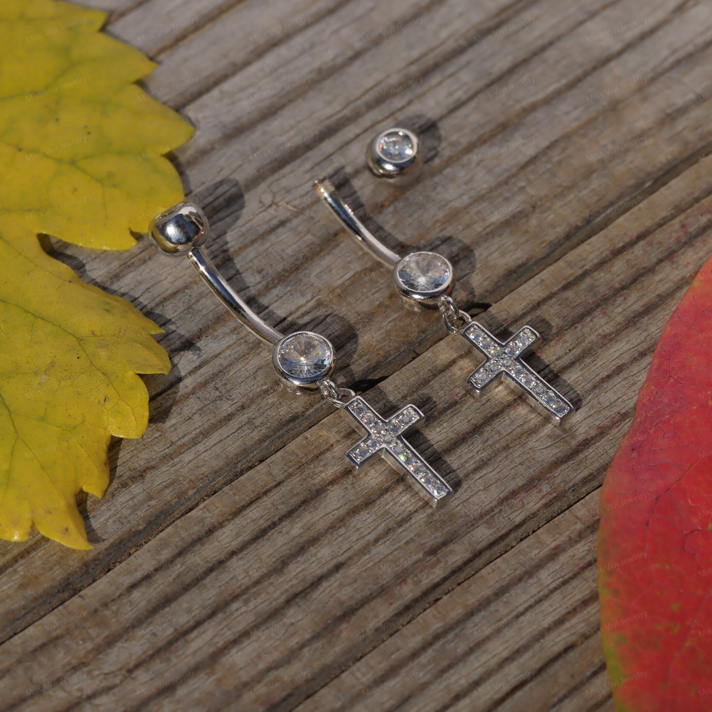 14G S925 Sterling Silver Cross Dangel Belly Ring| Silver Belly Button Ring| Navel Piercing Jewelry| Waterproof belly barbell| Never Tarnish Miss Vivi Jewelry