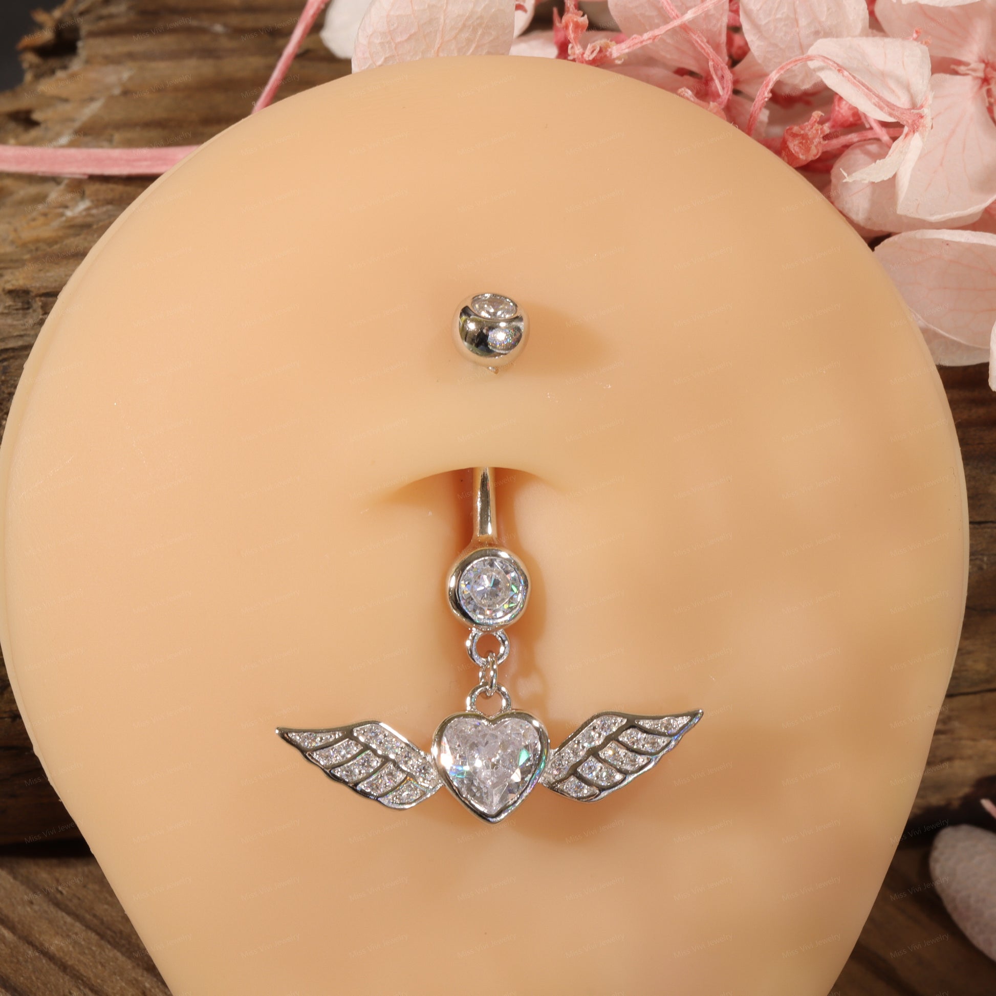 14G Sterling Silver Angel Wing Belly Rings| Hypoallergenic Belly Button Ring| Waterproof Belly Bar| Never Tarnish Navel Ring|6/8/10/12mm bar Miss Vivi Jewelry