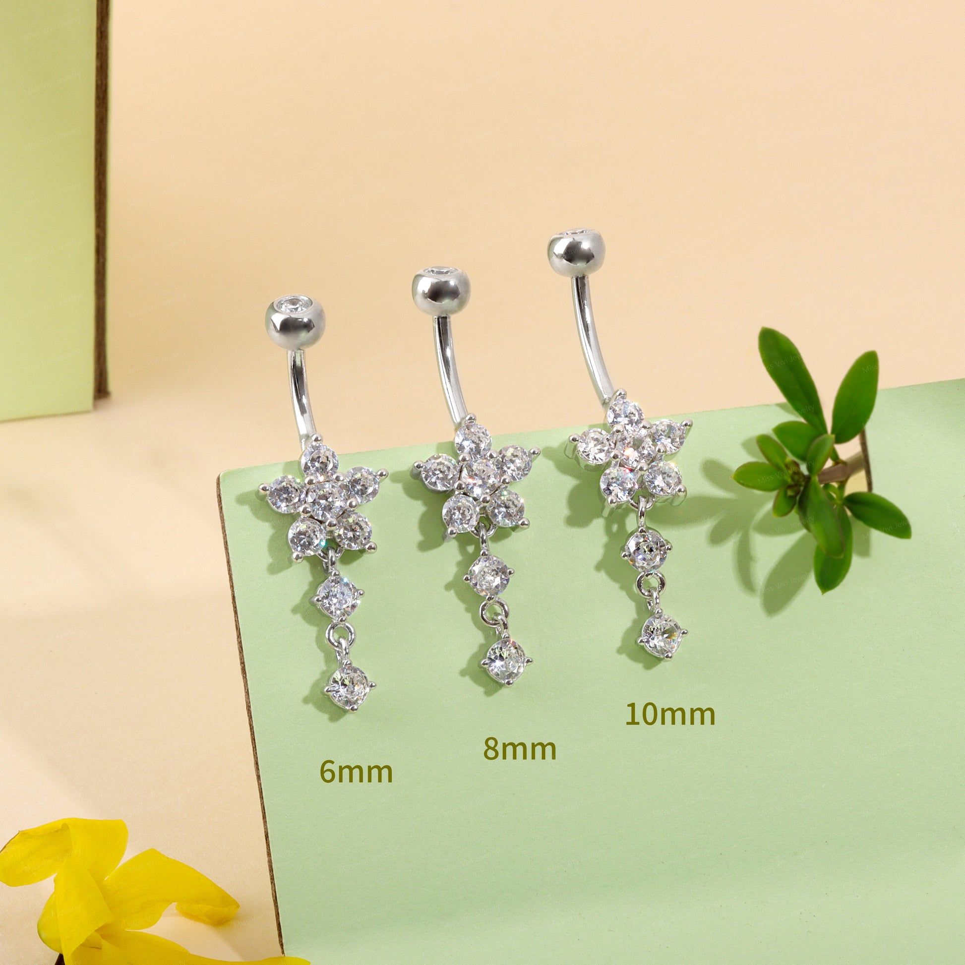 14G Sterling Silver Flower Dangle Belly Button Ring/ 6-8-10mm Belly Bar/ S925 Belly Button Ring/ Clear CZ piercing navel jewelry Miss Vivi Jewelry