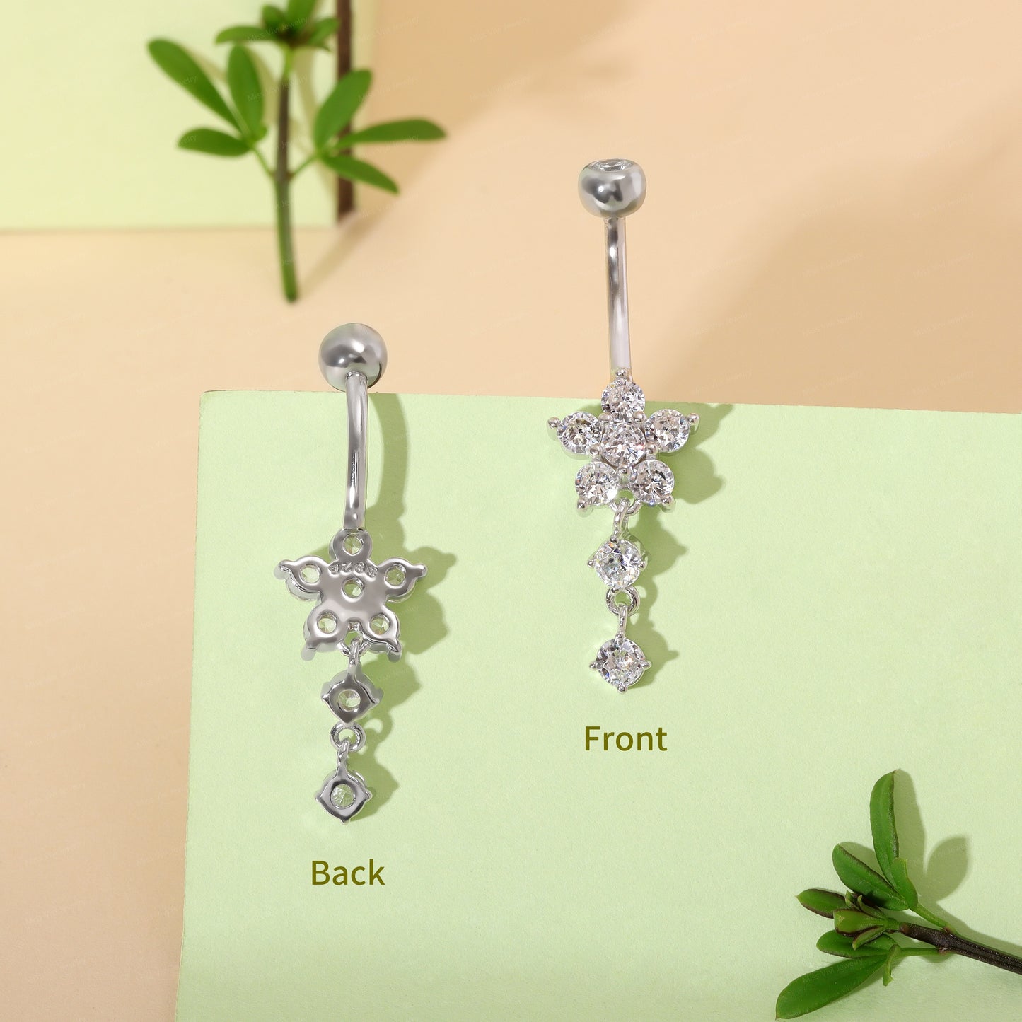 14G Sterling Silver Flower Dangle Belly Button Ring/ 6-8-10mm Belly Bar/ S925 Belly Button Ring/ Clear CZ piercing navel jewelry Miss Vivi Jewelry