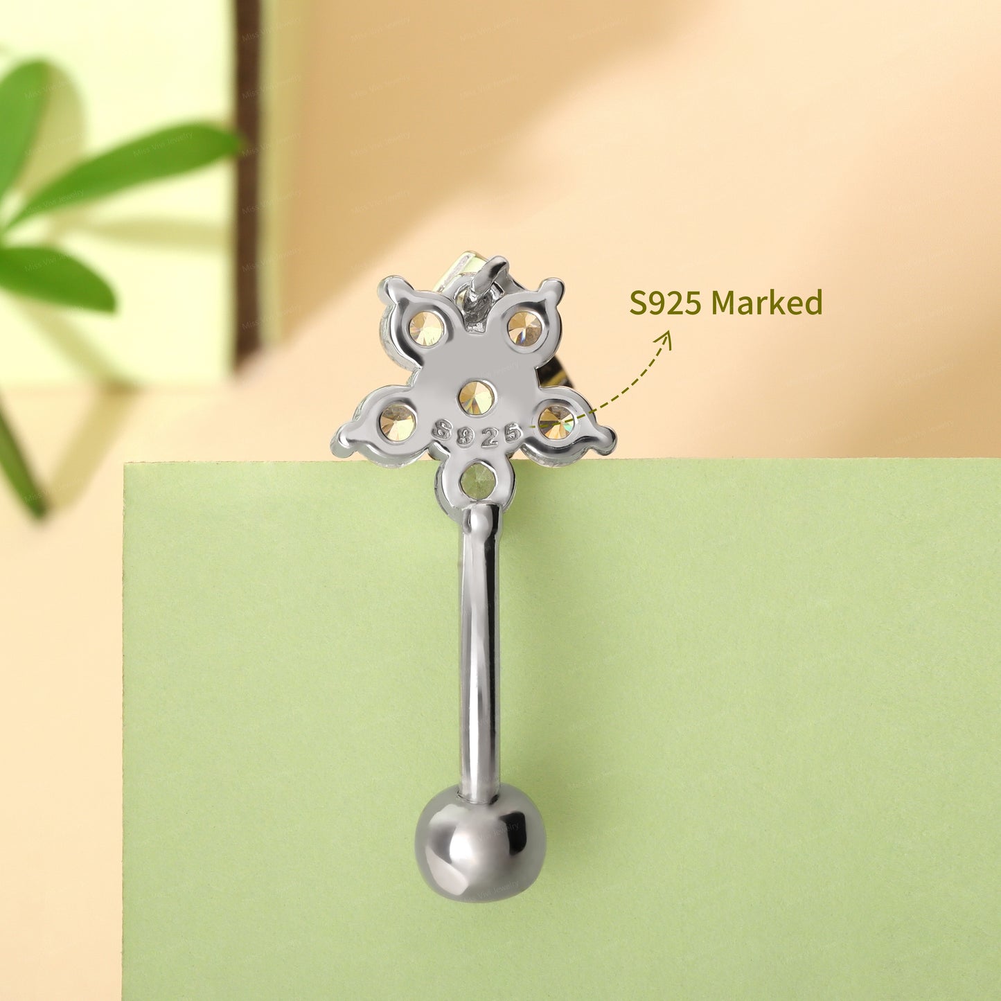 14G Sterling Silver Flower Dangle Belly Button Ring/ 6-8-10mm Belly Bar/ S925 Belly Button Ring/ Clear CZ piercing navel jewelry Miss Vivi Jewelry