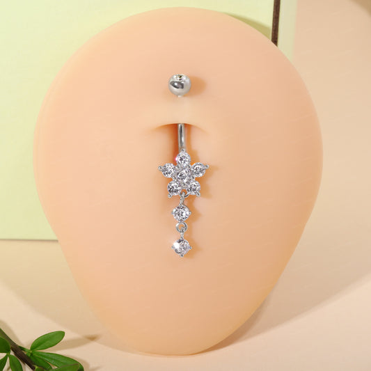 14G Sterling Silver Flower Dangle Belly Button Ring/ 6-8-10mm Belly Bar/ S925 Belly Button Ring/ Clear CZ piercing navel jewelry Miss Vivi Jewelry