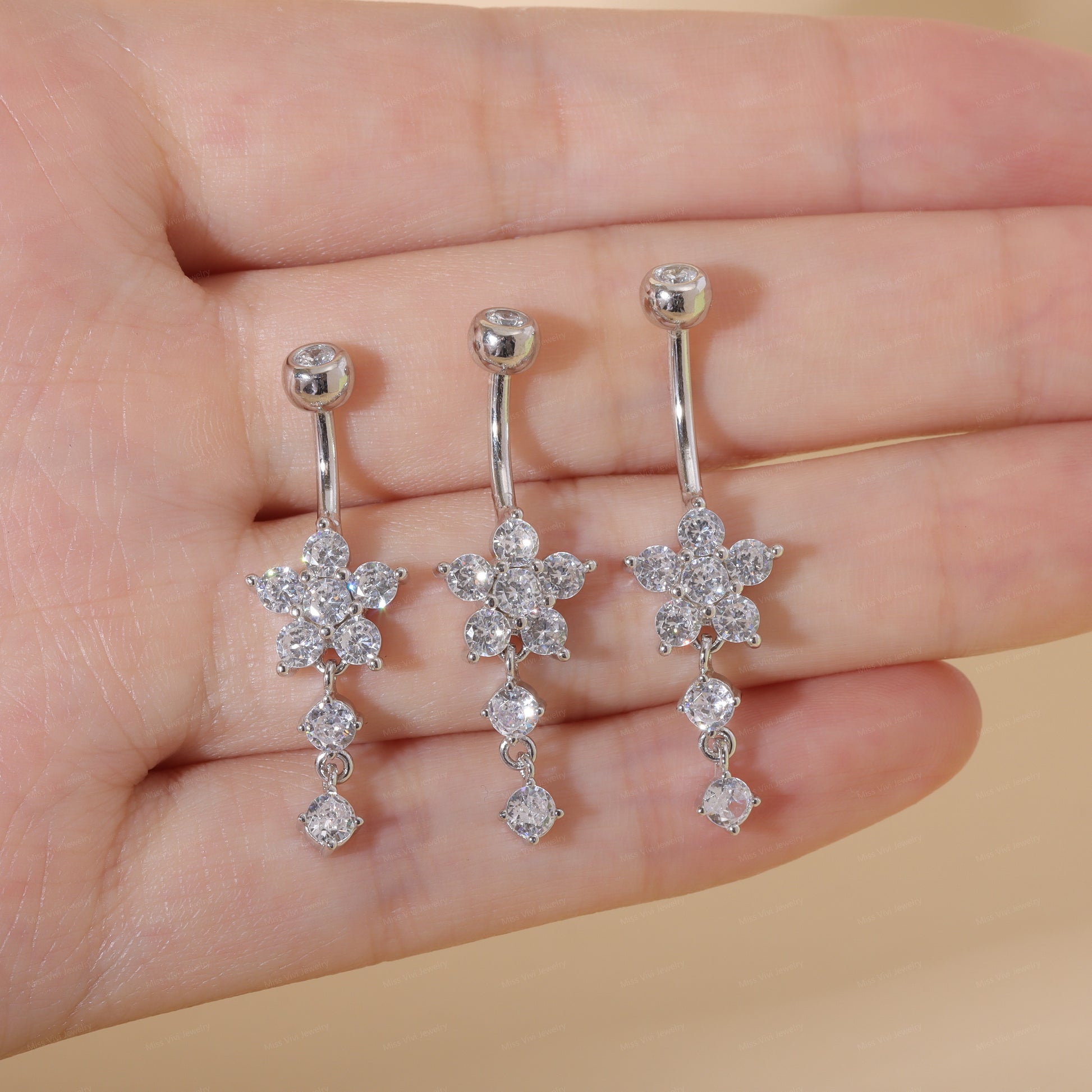 14G Sterling Silver Flower Dangle Belly Button Ring/ 6-8-10mm Belly Bar/ S925 Belly Button Ring/ Clear CZ piercing navel jewelry Miss Vivi Jewelry