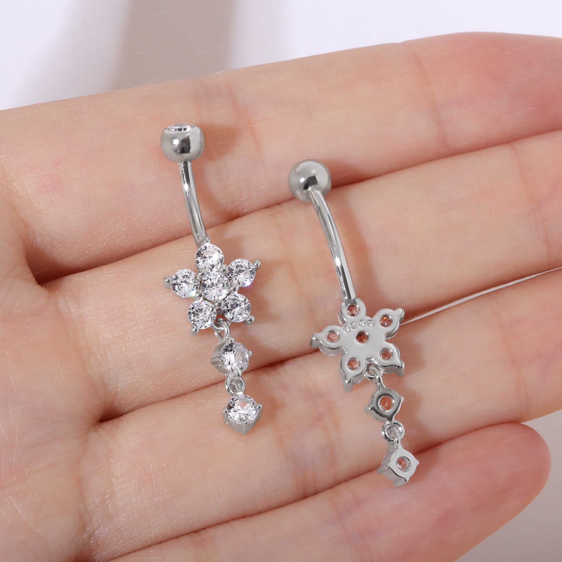 14G Sterling Silver Flower Dangle Belly Button Ring/ 6-8-10mm Belly Bar/ S925 Belly Button Ring/ Clear CZ piercing navel jewelry Miss Vivi Jewelry