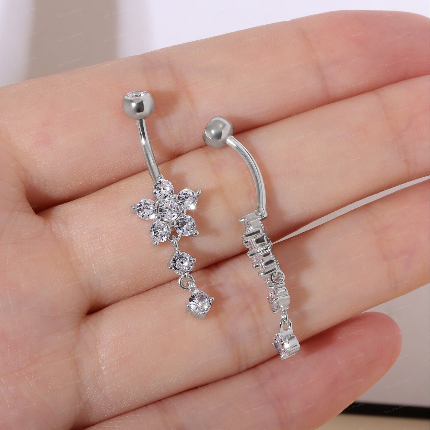 14G Sterling Silver Flower Dangle Belly Button Ring/ 6-8-10mm Belly Bar/ S925 Belly Button Ring/ Clear CZ piercing navel jewelry Miss Vivi Jewelry