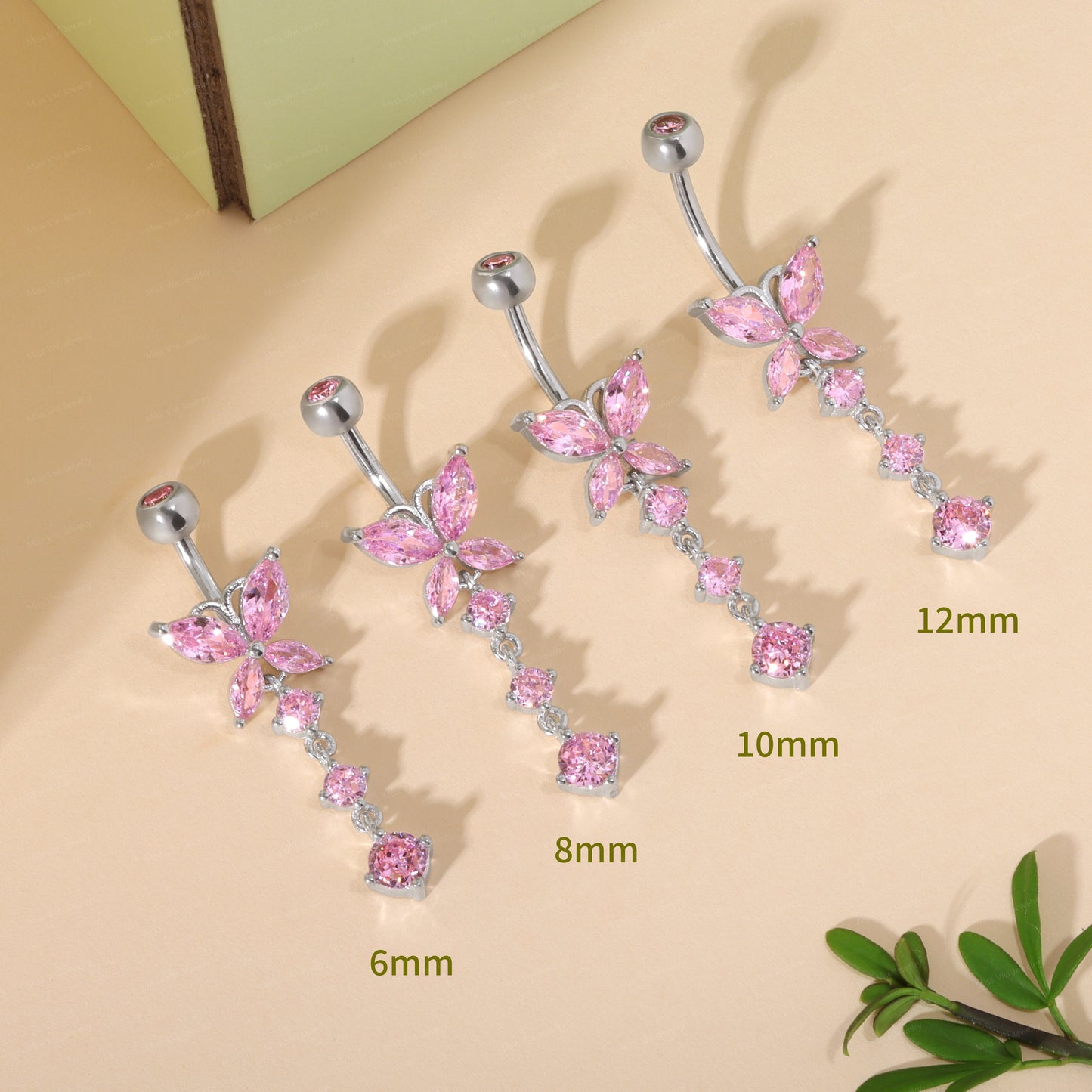 14G Sterling Pink CZ Butterfly Dangle Belly Button Ring/ 6-8-10-12mm Belly Bar/ Never Getting Green Belly Ring/ Fresh piercing navel jewelry Miss Vivi Jewelry