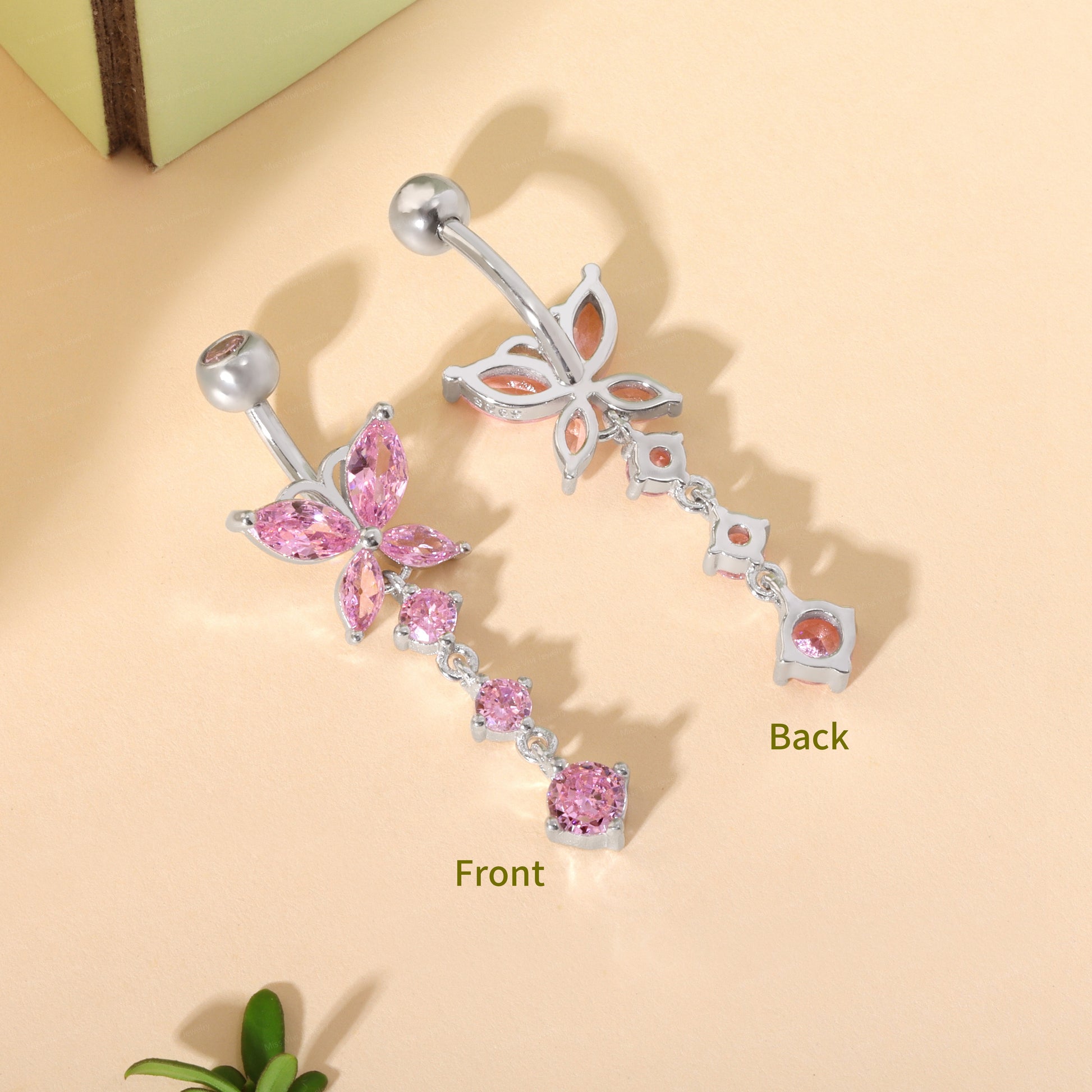 14G Sterling Pink CZ Butterfly Dangle Belly Button Ring/ 6-8-10-12mm Belly Bar/ Never Getting Green Belly Ring/ Fresh piercing navel jewelry Miss Vivi Jewelry