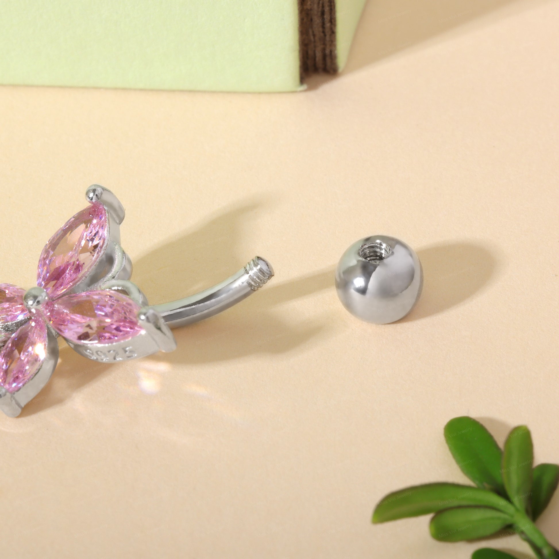 14G Sterling Pink CZ Butterfly Dangle Belly Button Ring/ 6-8-10-12mm Belly Bar/ Never Getting Green Belly Ring/ Fresh piercing navel jewelry Miss Vivi Jewelry