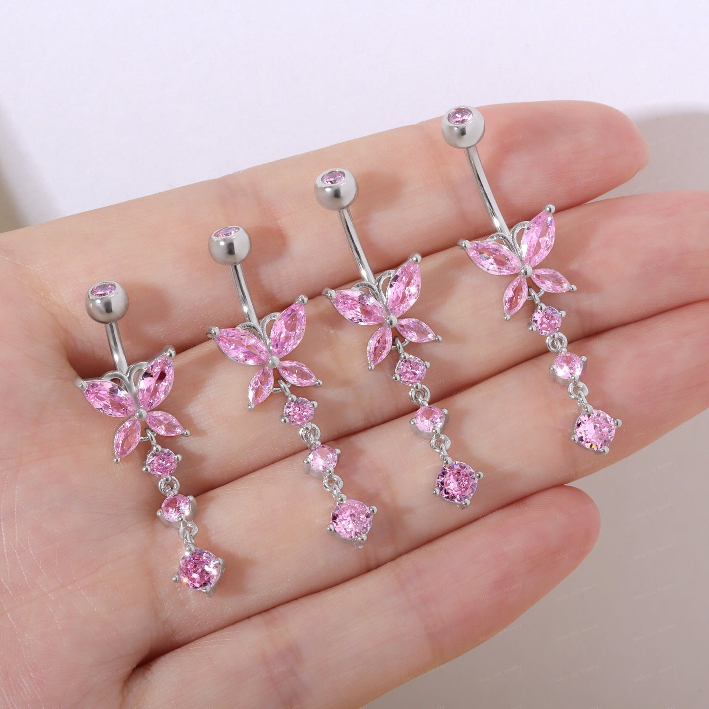 14G Sterling Pink CZ Butterfly Dangle Belly Button Ring/ 6-8-10-12mm Belly Bar/ Never Getting Green Belly Ring/ Fresh piercing navel jewelry Miss Vivi Jewelry