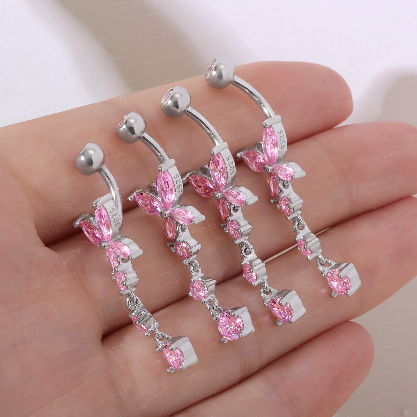 14G Sterling Pink CZ Butterfly Dangle Belly Button Ring/ 6-8-10-12mm Belly Bar/ Never Getting Green Belly Ring/ Fresh piercing navel jewelry Miss Vivi Jewelry