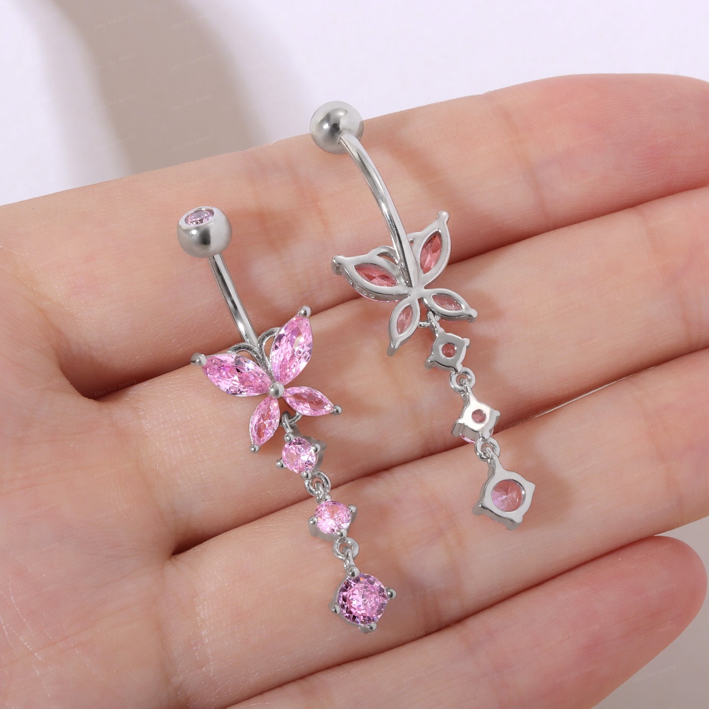 14G Sterling Pink CZ Butterfly Dangle Belly Button Ring/ 6-8-10-12mm Belly Bar/ Never Getting Green Belly Ring/ Fresh piercing navel jewelry Miss Vivi Jewelry