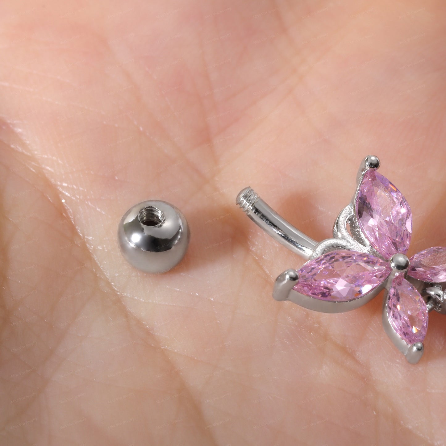 14G Sterling Pink CZ Butterfly Dangle Belly Button Ring/ 6-8-10-12mm Belly Bar/ Never Getting Green Belly Ring/ Fresh piercing navel jewelry Miss Vivi Jewelry