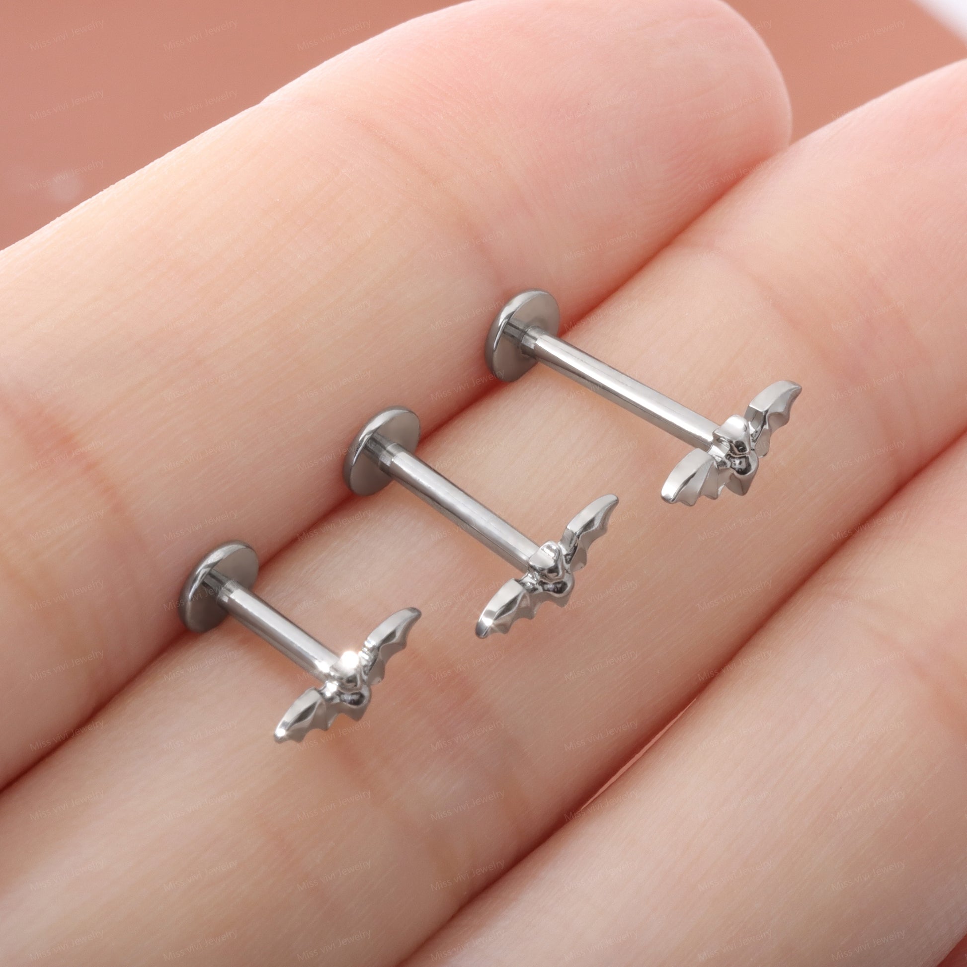 F-136 Titanium Bat Stud Earring, 1.2*6/8/10mm, Internally Threaded Stud, Flat Back Earring, Cartilage Stud, Tragus Stud Miss Vivi Jewelry