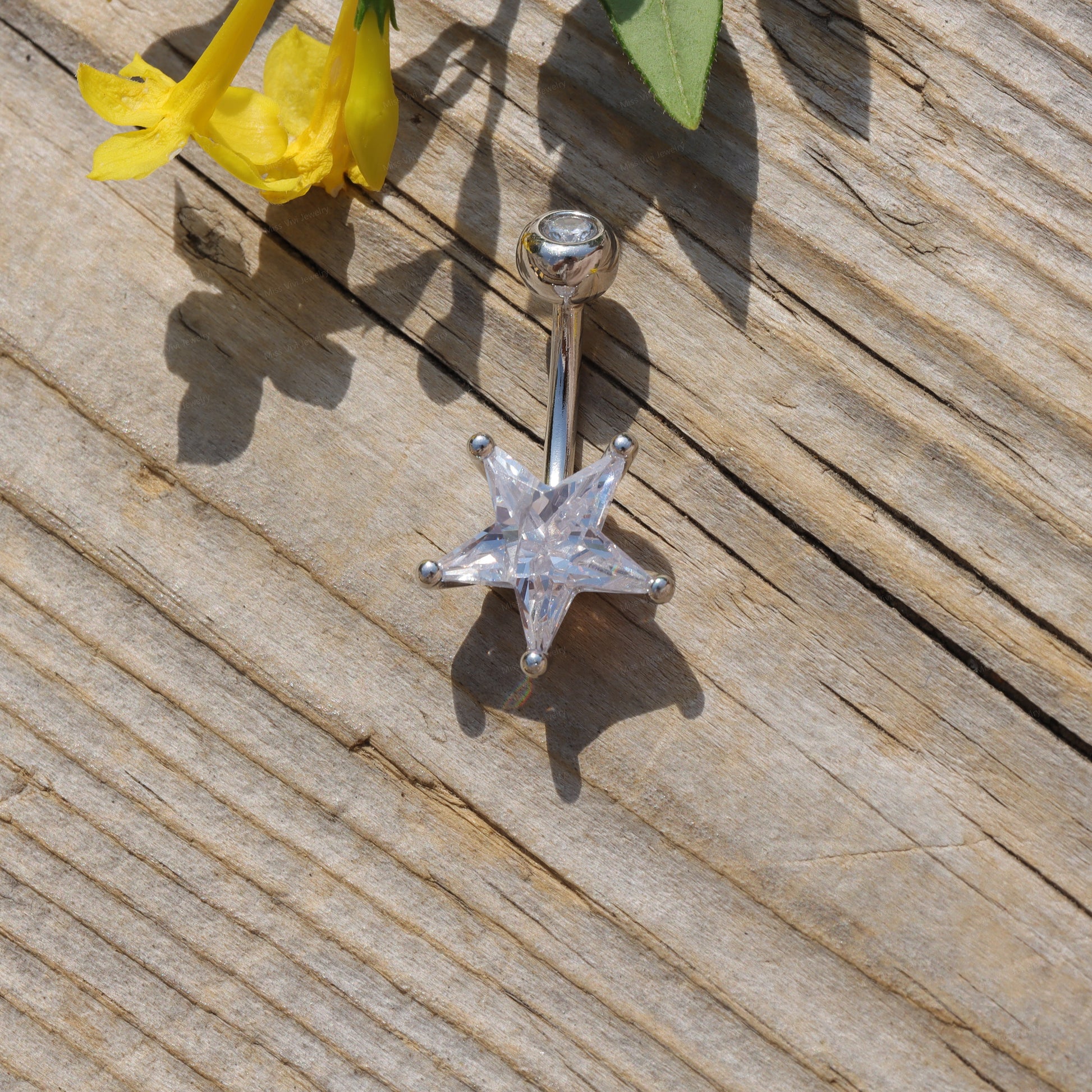 14G Sterling Silver Star CZ Belly Button Ring| Waterproof Belly Bar| Never Getting Green Belly Ring| Fresh piercing navel jewelry 1.6*8/10mm Miss Vivi Jewelry