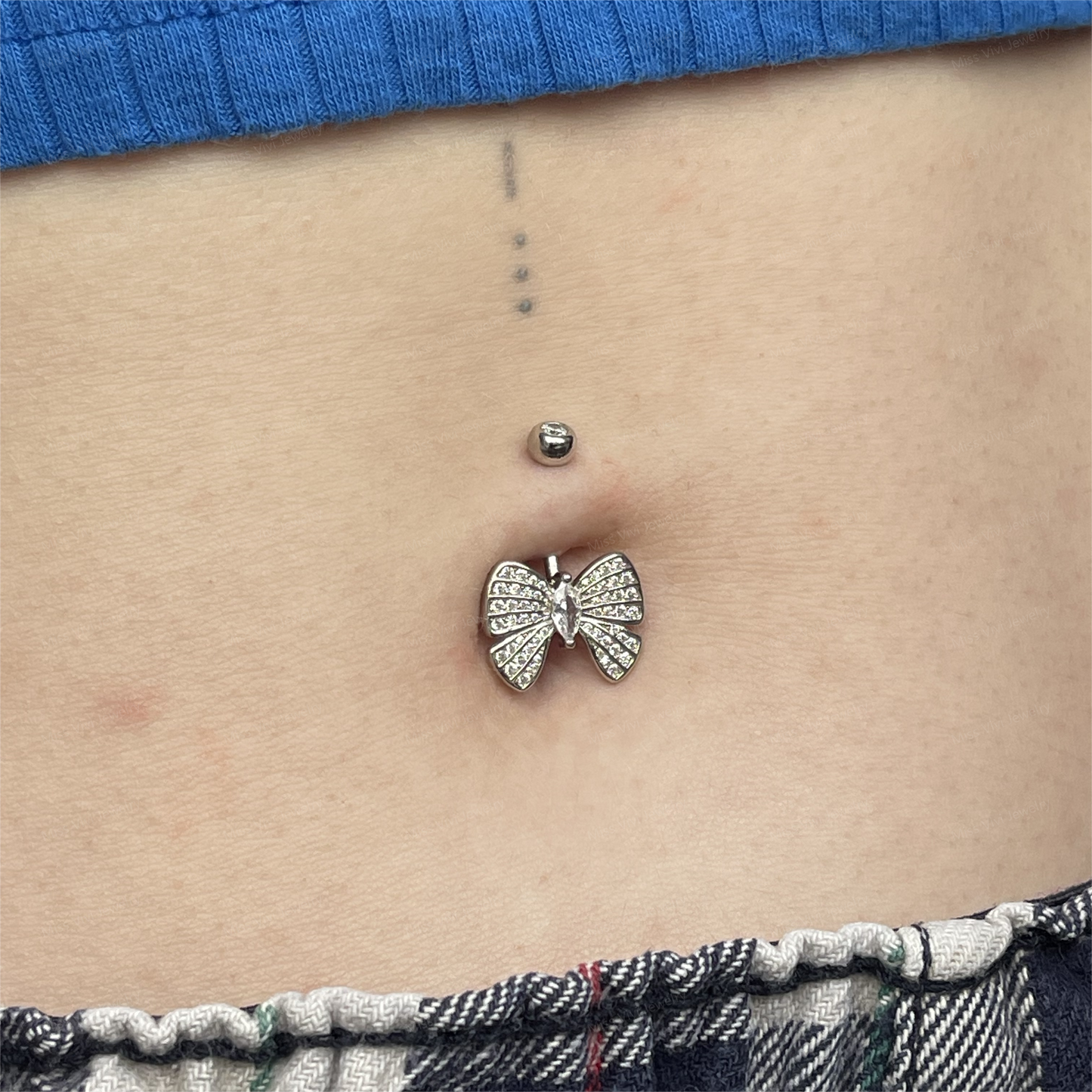 14G Sterling Silver Moth Belly Button Ring|Waterproof Belly Bar|Never Getting Green Belly Ring|Fresh piercing navel jewelry 6/8/10/12mm Miss Vivi Jewelry