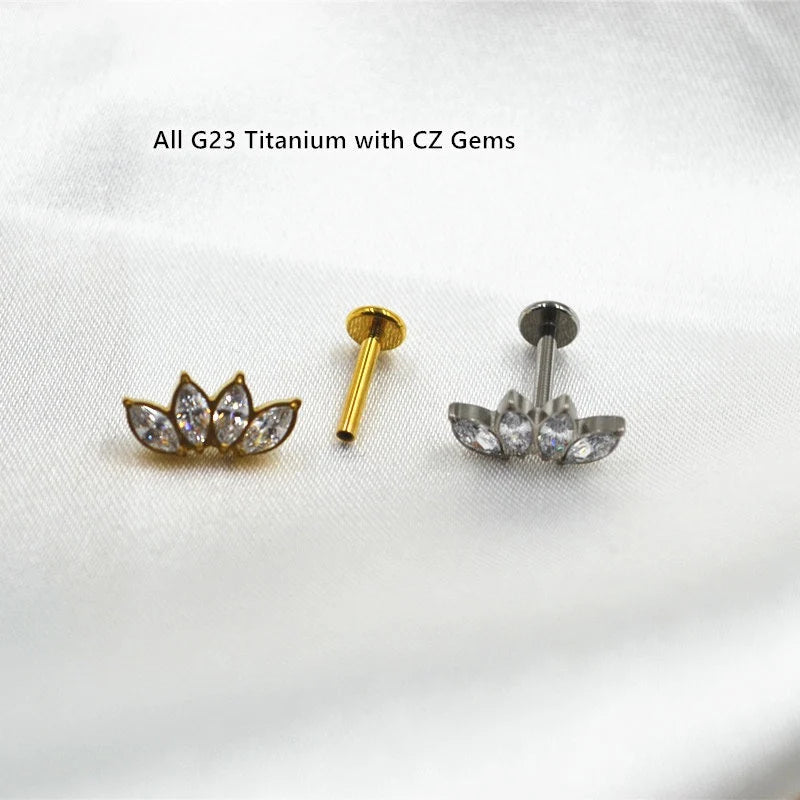 16G F136 Titanium Internally Threaded Flat Back CZ Crown Cartilage Stud Earrings/ Titanium Tragus Stud/ Internal Helix Earring/ Conch Stud Miss Vivi Jewelry