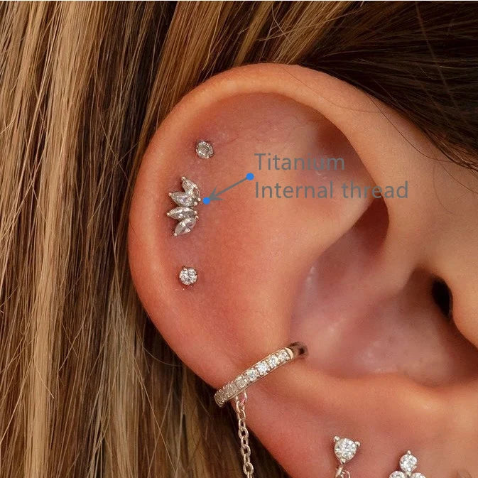 16G F136 Titanium Internally Threaded Flat Back CZ Crown Cartilage Stud Earrings/ Titanium Tragus Stud/ Internal Helix Earring/ Conch Stud Miss Vivi Jewelry