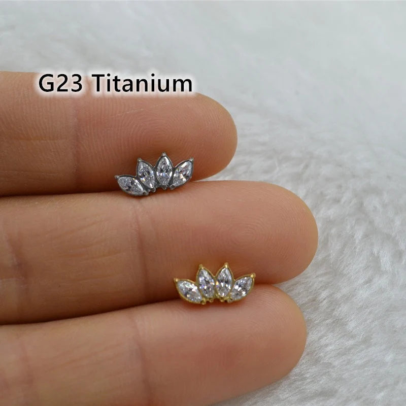 16G F136 Titanium Internally Threaded Flat Back CZ Crown Cartilage Stud Earrings/ Titanium Tragus Stud/ Internal Helix Earring/ Conch Stud Miss Vivi Jewelry