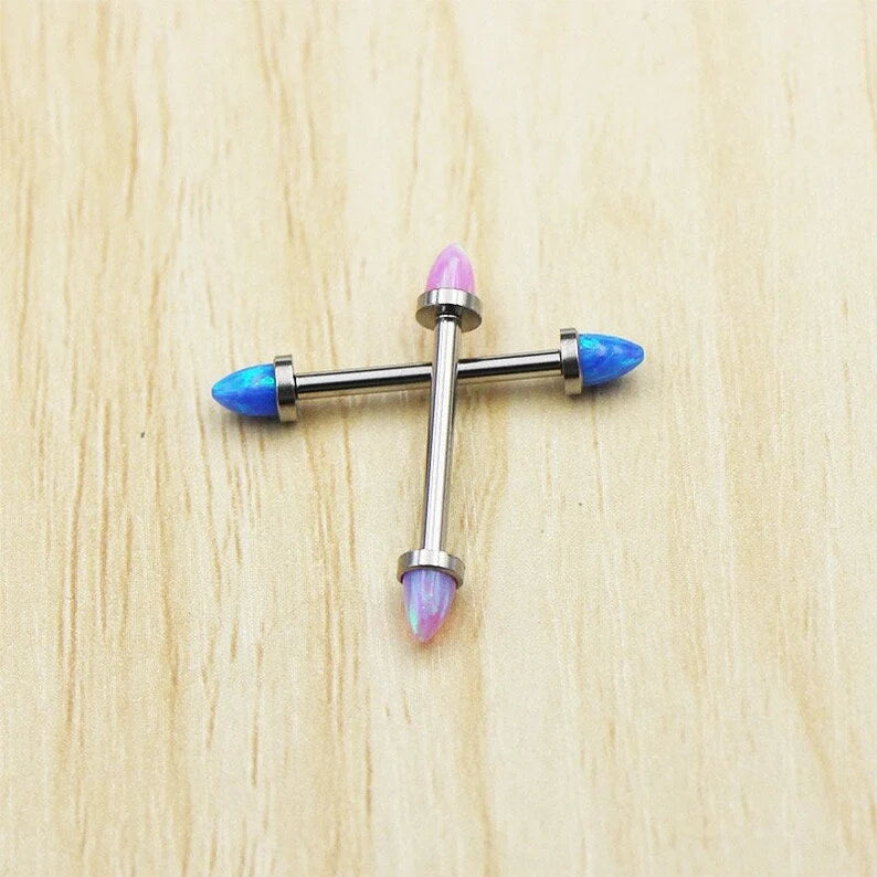 14G F136 Titanium Internally Threaded Opal Spikes End Nipple Jewelry/ Ninja Bridge Barbell Ring/ Opal Nipple Ring/ Titanium Bridge Piercing Miss Vivi Jewelry