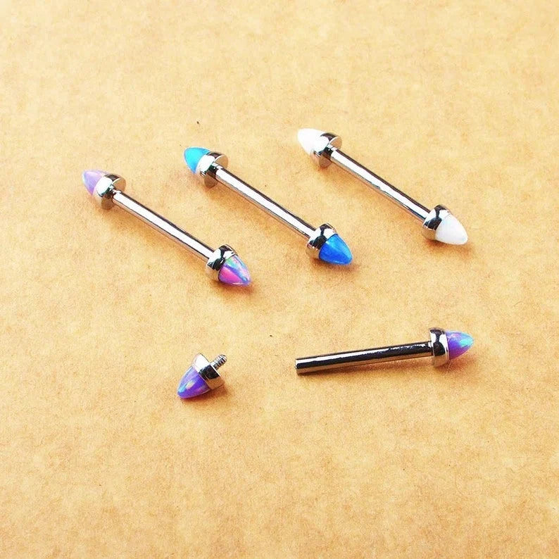 14G F136 Titanium Internally Threaded Opal Spikes End Nipple Jewelry/ Ninja Bridge Barbell Ring/ Opal Nipple Ring/ Titanium Bridge Piercing Miss Vivi Jewelry