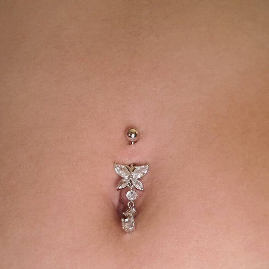 14G Surgical Steel Cystal Butterfly Belly Rings/ Zircon Dangle Navel Ring/ Butterfly Belly Piercing/ Belly Button Bar/ CZ Butterfly Jewelry Miss Vivi Jewelry