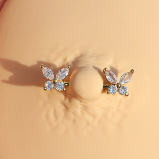 14G Pair of CZ Butterfly Nipple Barbell/ Shiny Nipple Jewelry/ Steel Nipple Ring/ Nipple Piercing/ Butterfly Jewelry 1.6*14mm Silver Gold Miss Vivi Jewelry