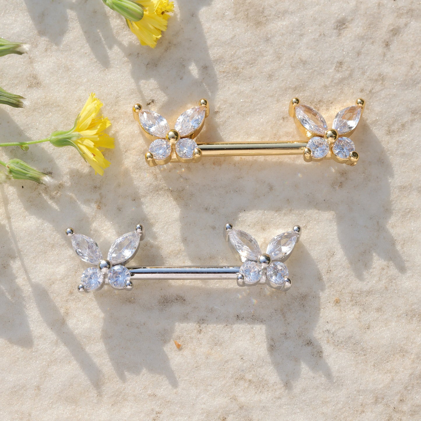 14G Pair of CZ Butterfly Nipple Barbell/ Shiny Nipple Jewelry/ Steel Nipple Ring/ Nipple Piercing/ Butterfly Jewelry 1.6*14mm Silver Gold Miss Vivi Jewelry