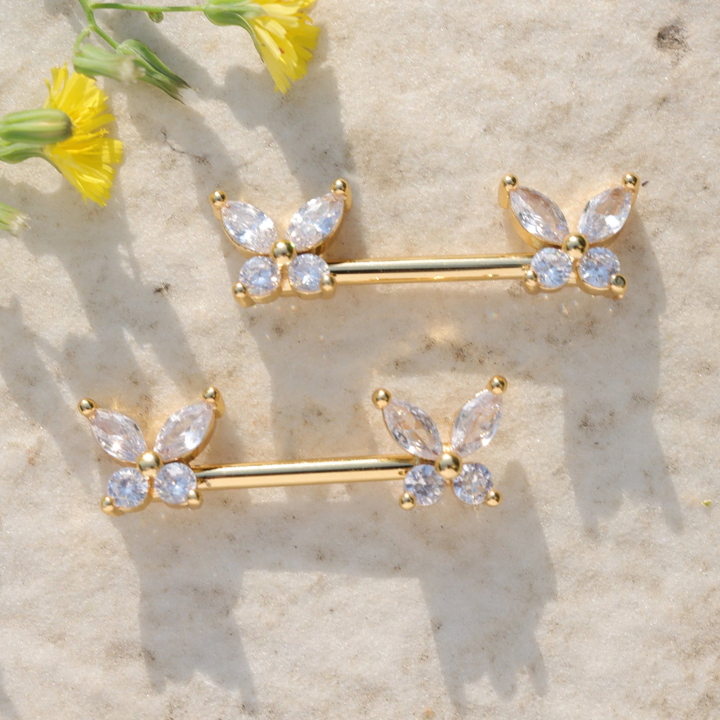 14G Pair of CZ Butterfly Nipple Barbell/ Shiny Nipple Jewelry/ Steel Nipple Ring/ Nipple Piercing/ Butterfly Jewelry 1.6*14mm Silver Gold Miss Vivi Jewelry