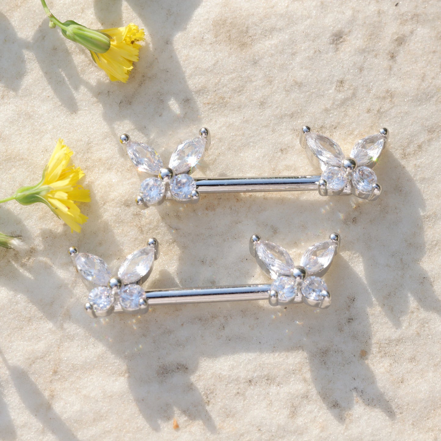 14G Pair of CZ Butterfly Nipple Barbell/ Shiny Nipple Jewelry/ Steel Nipple Ring/ Nipple Piercing/ Butterfly Jewelry 1.6*14mm Silver Gold Miss Vivi Jewelry