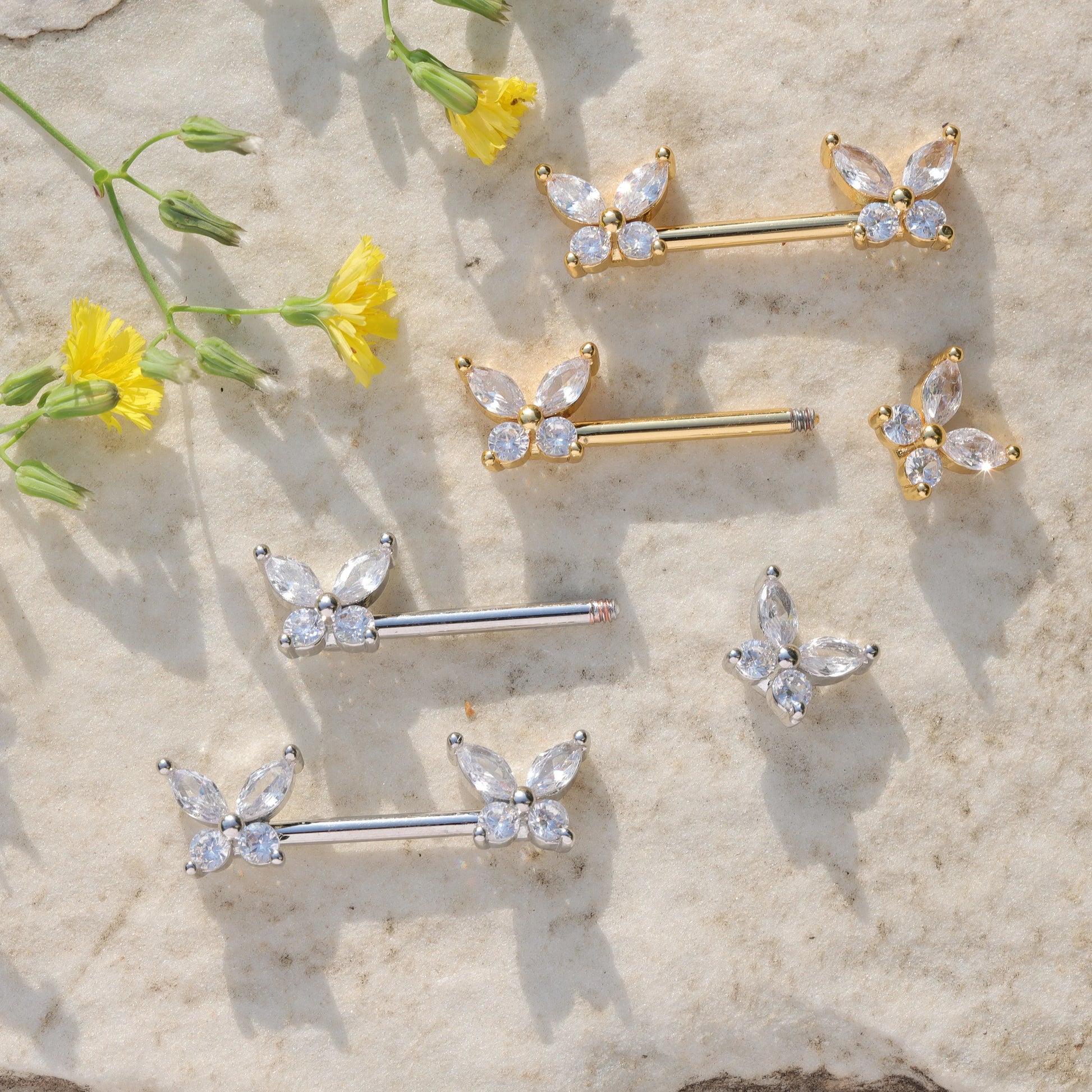 14G Pair of CZ Butterfly Nipple Barbell/ Shiny Nipple Jewelry/ Steel Nipple Ring/ Nipple Piercing/ Butterfly Jewelry 1.6*14mm Silver Gold Miss Vivi Jewelry