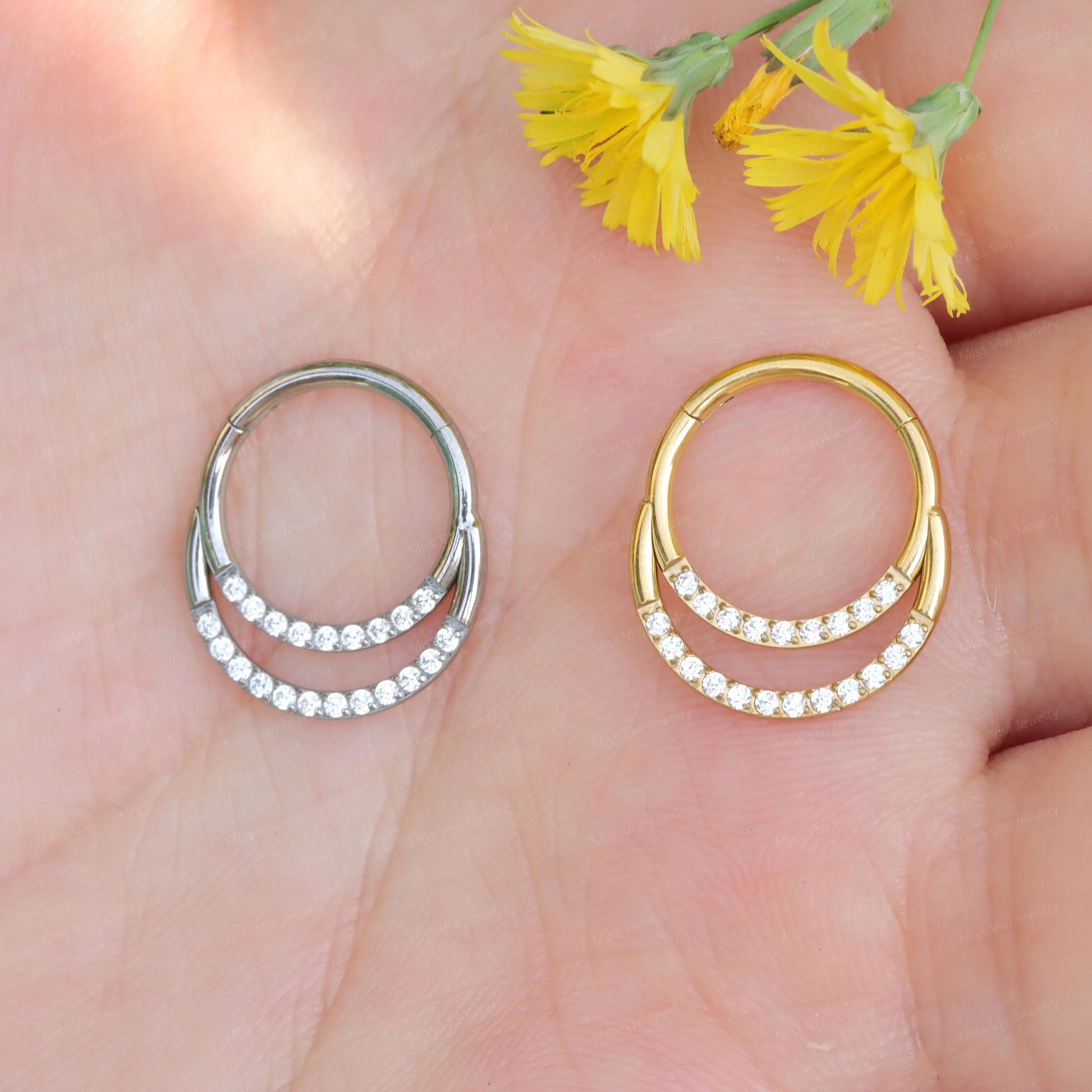 16G 316L Steel CZ Septum Ring/ Crystal Daith Clicker/ Double Layered Septum/ Stacked Septum/ Double Row Septum Piercing/ Septum Clicker Miss Vivi Jewelry