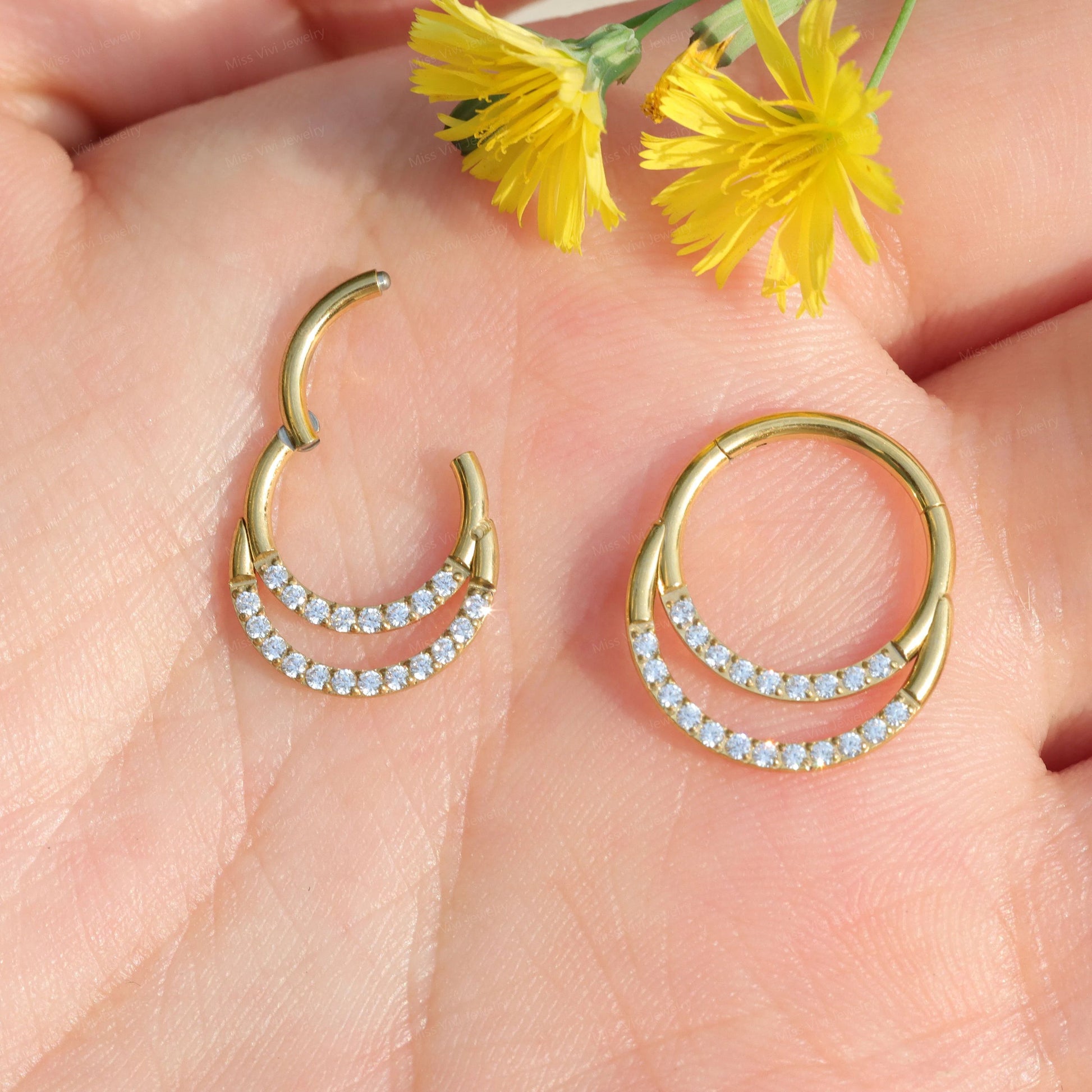 16G 316L Steel CZ Septum Ring/ Crystal Daith Clicker/ Double Layered Septum/ Stacked Septum/ Double Row Septum Piercing/ Septum Clicker Miss Vivi Jewelry