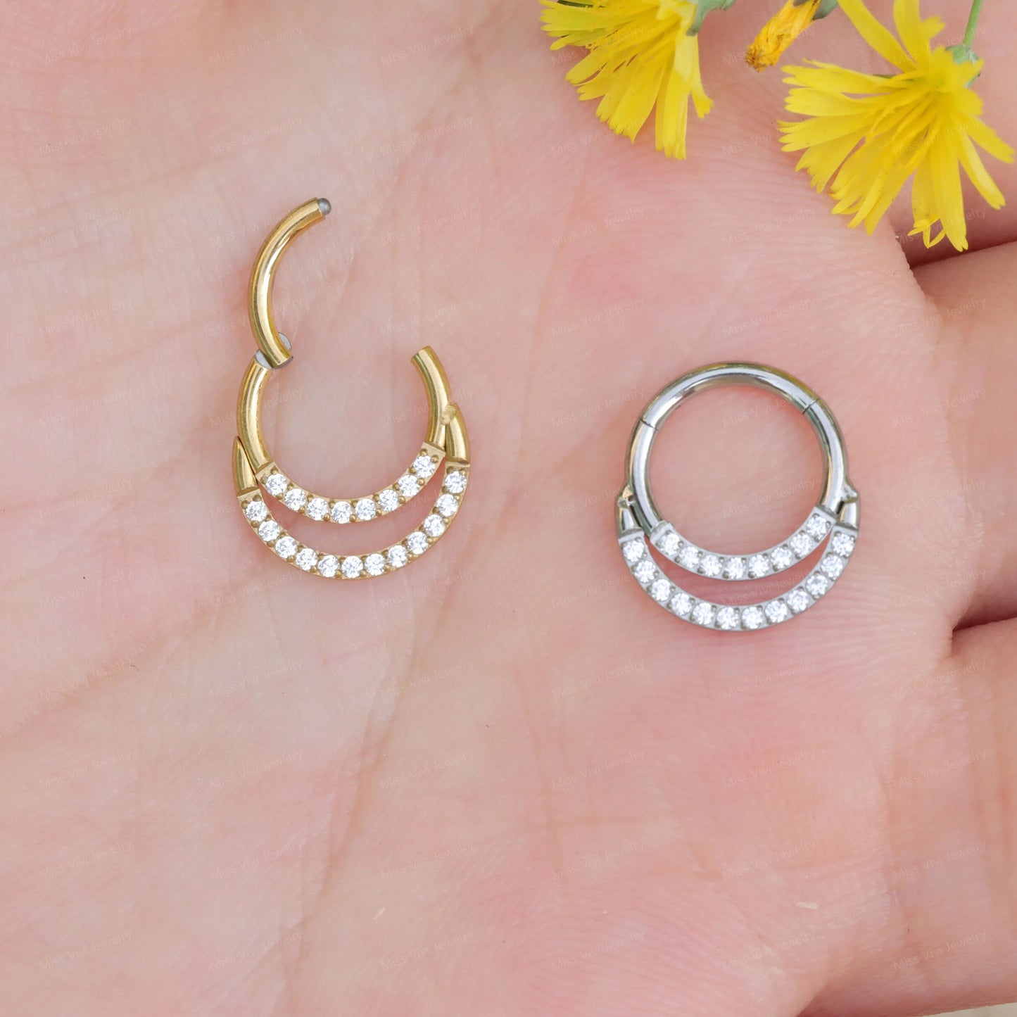 16G 316L Steel CZ Septum Ring/ Crystal Daith Clicker/ Double Layered Septum/ Stacked Septum/ Double Row Septum Piercing/ Septum Clicker Miss Vivi Jewelry